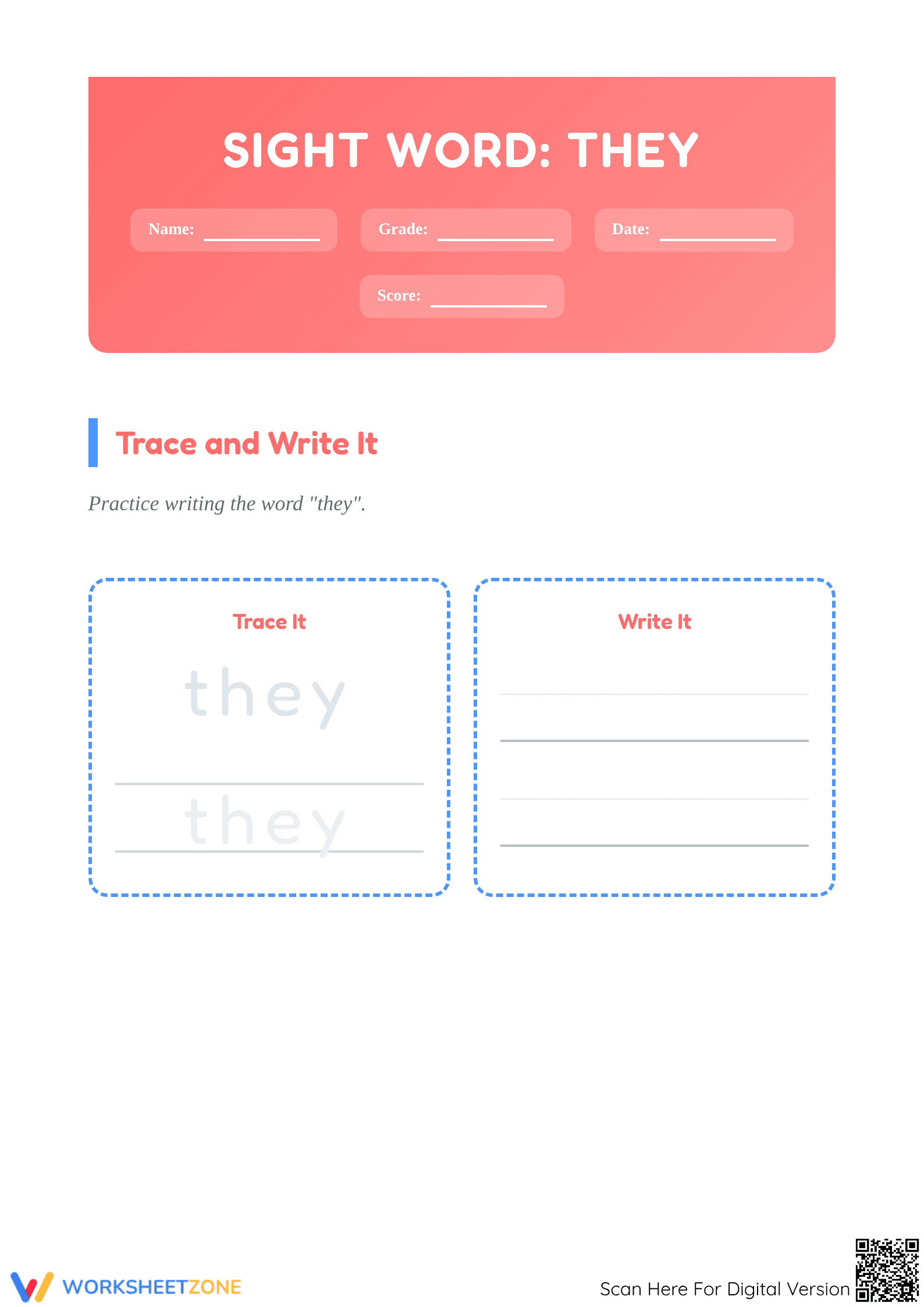 Sight Word "they" Worksheet | Printable Grade K-1 ELA - Page 1