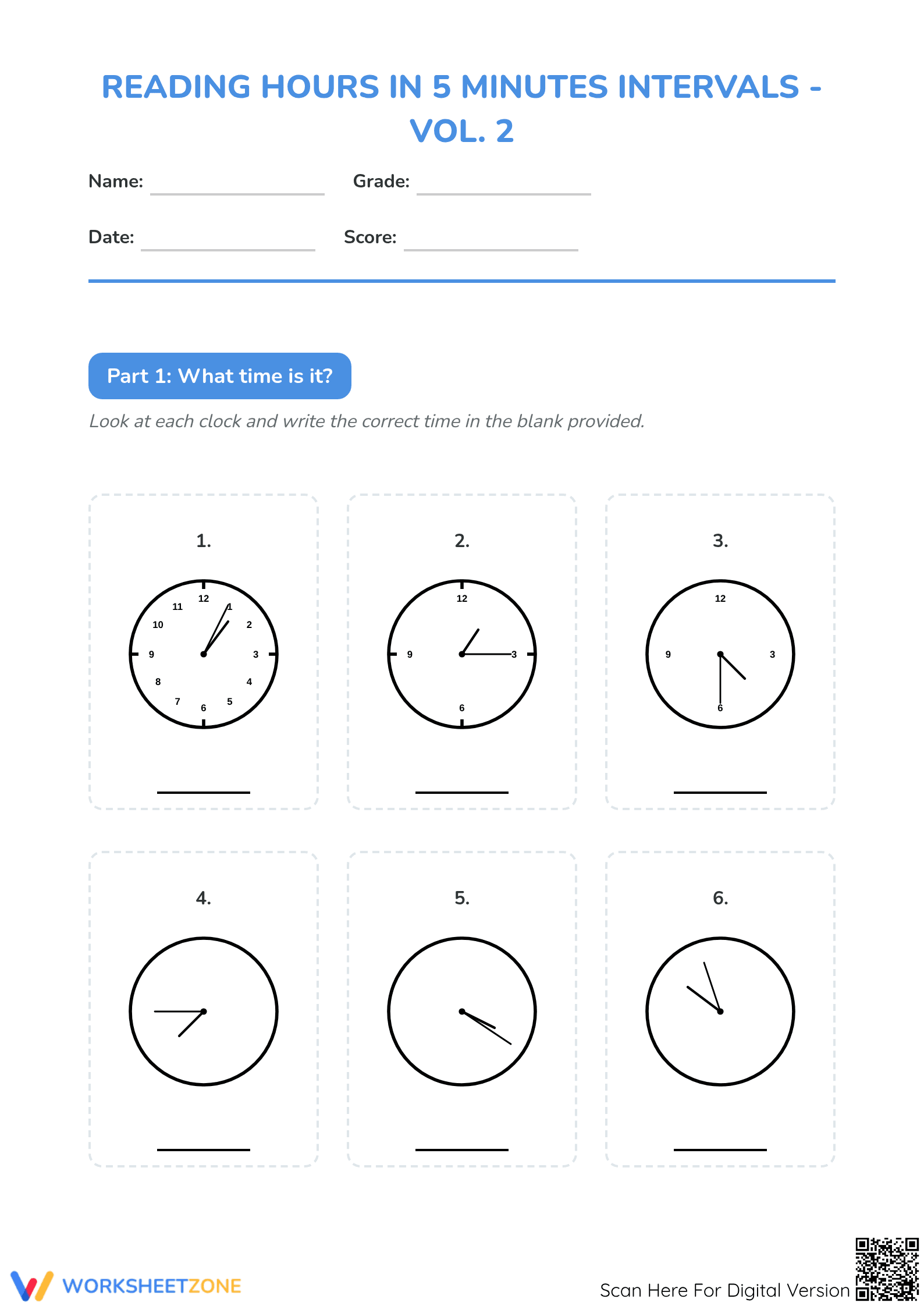 Printable 5-Minute Intervals Time Worksheet | Grade 2-4 Math - Page 1