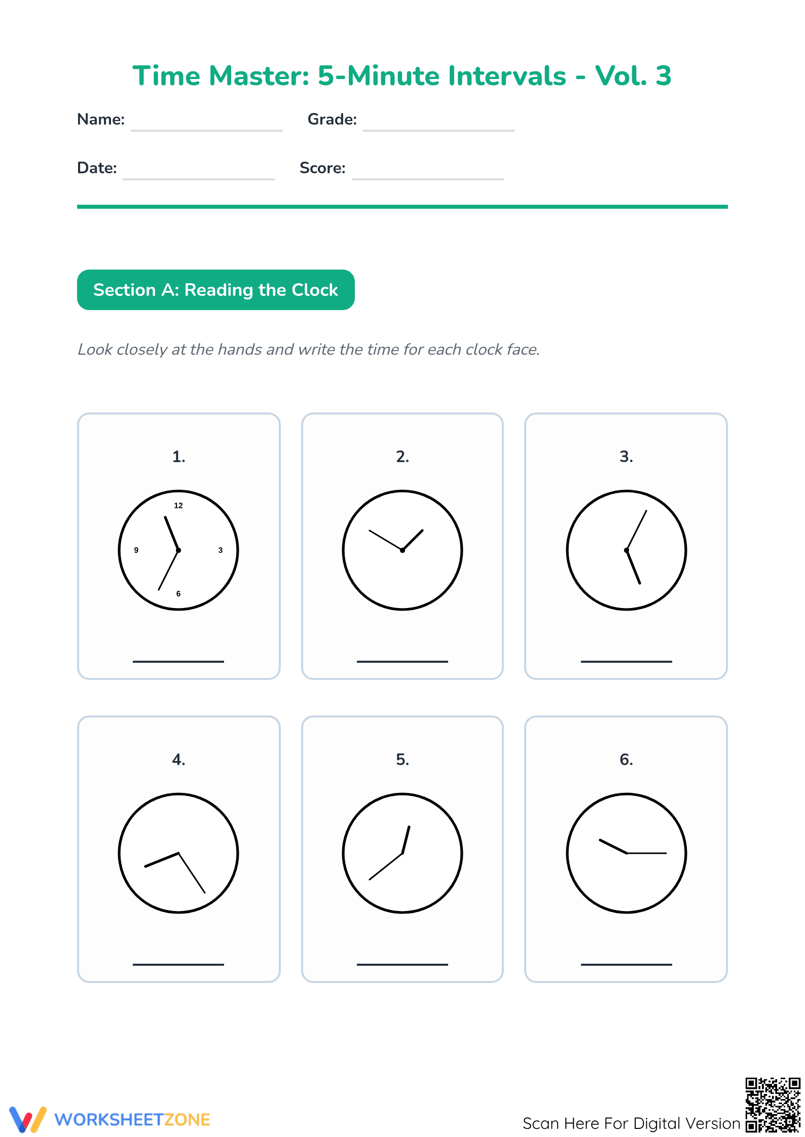 Essential Time Master Worksheet | 5-Minute Intervals Grade 3 - Page 1