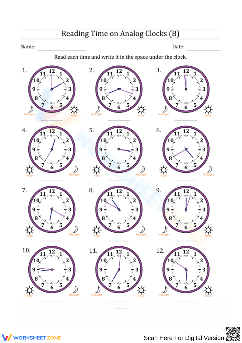 Reading Time on Analog Clocks Worksheet - Page 1