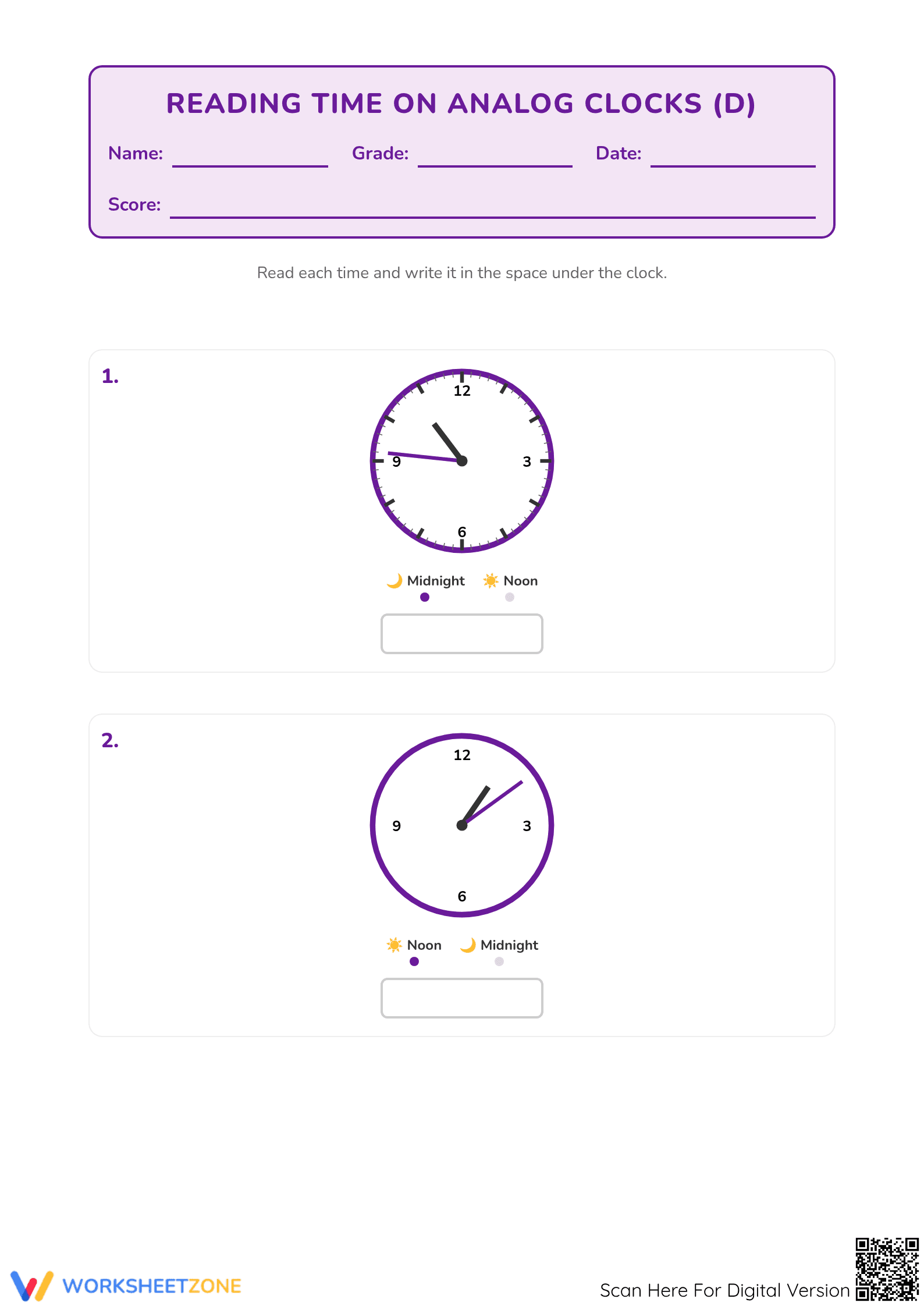 Printable Telling Time to the Minute Worksheet | Grades 2-4 - Page 1