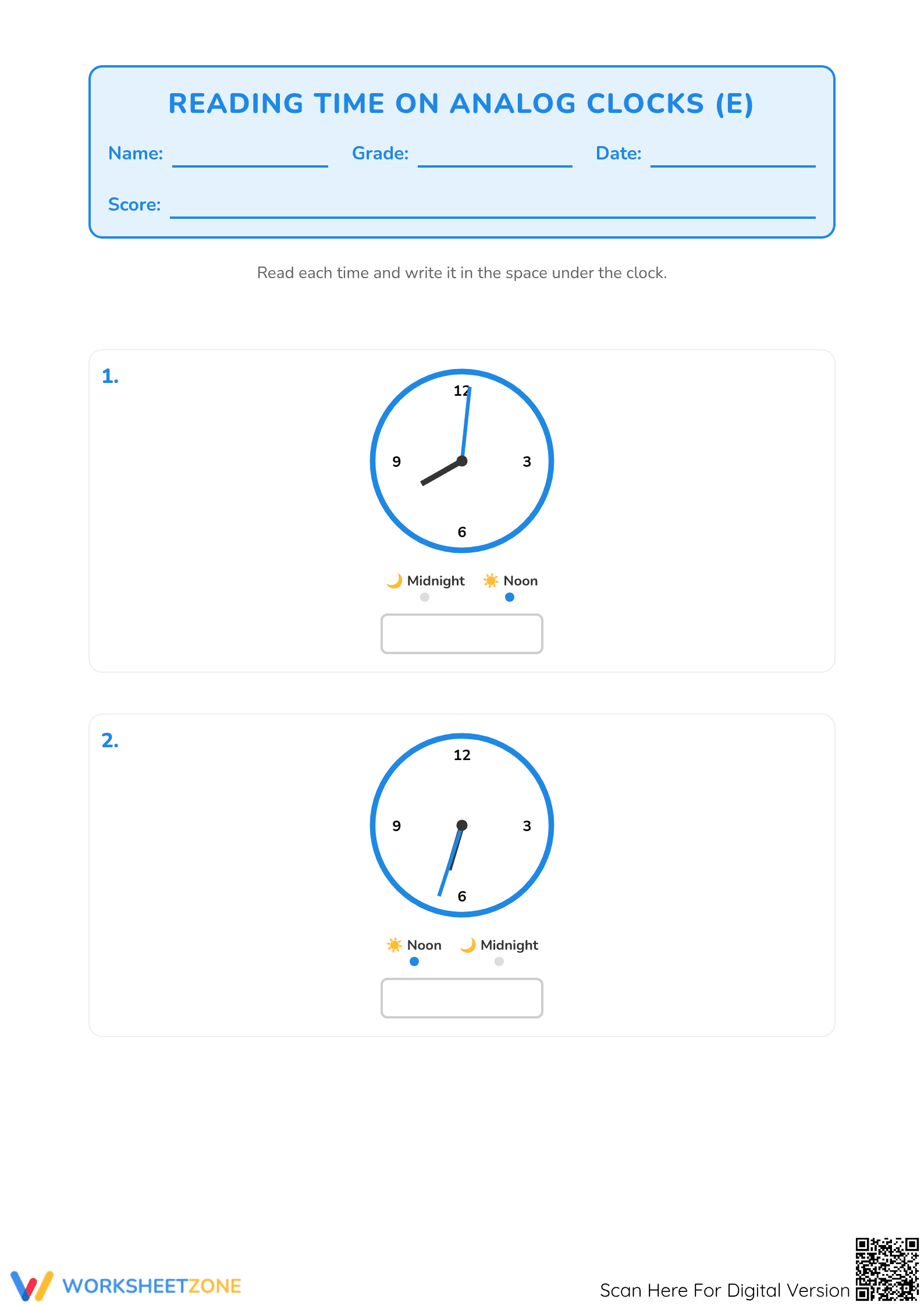 Grade 3 Reading Analog Clocks — Printable No-Prep Worksheet - Page 1
