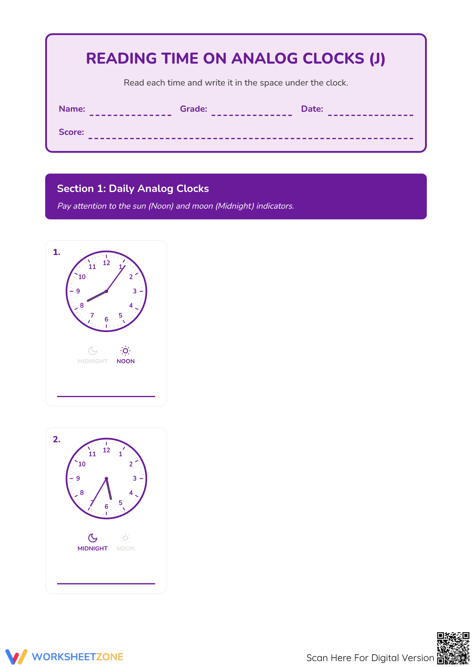 Printable Telling Time Worksheet: 1-Minute Intervals Grade 3 - Page 1