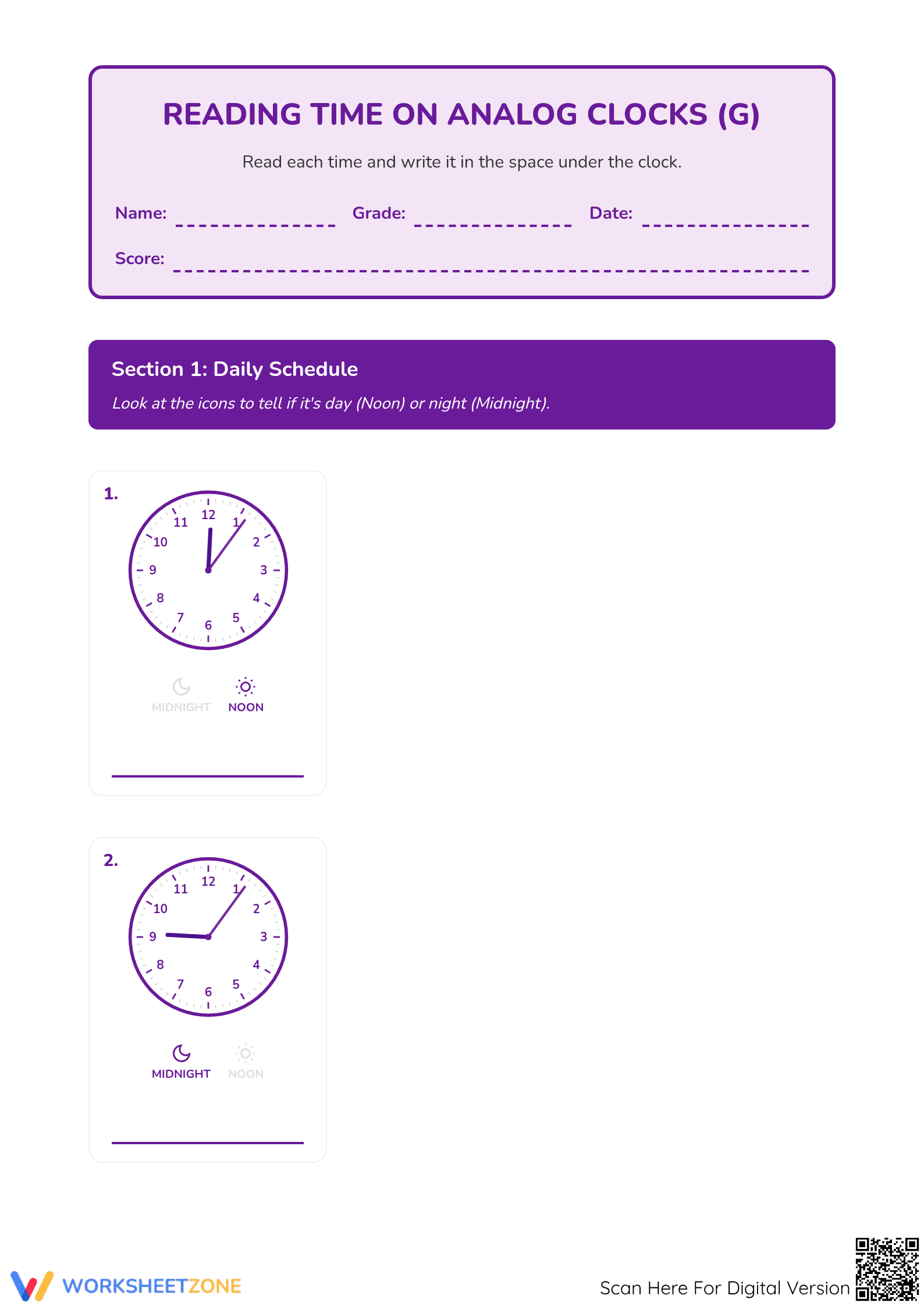 Printable Telling Time Worksheet | Grade 3 Math - Page 1