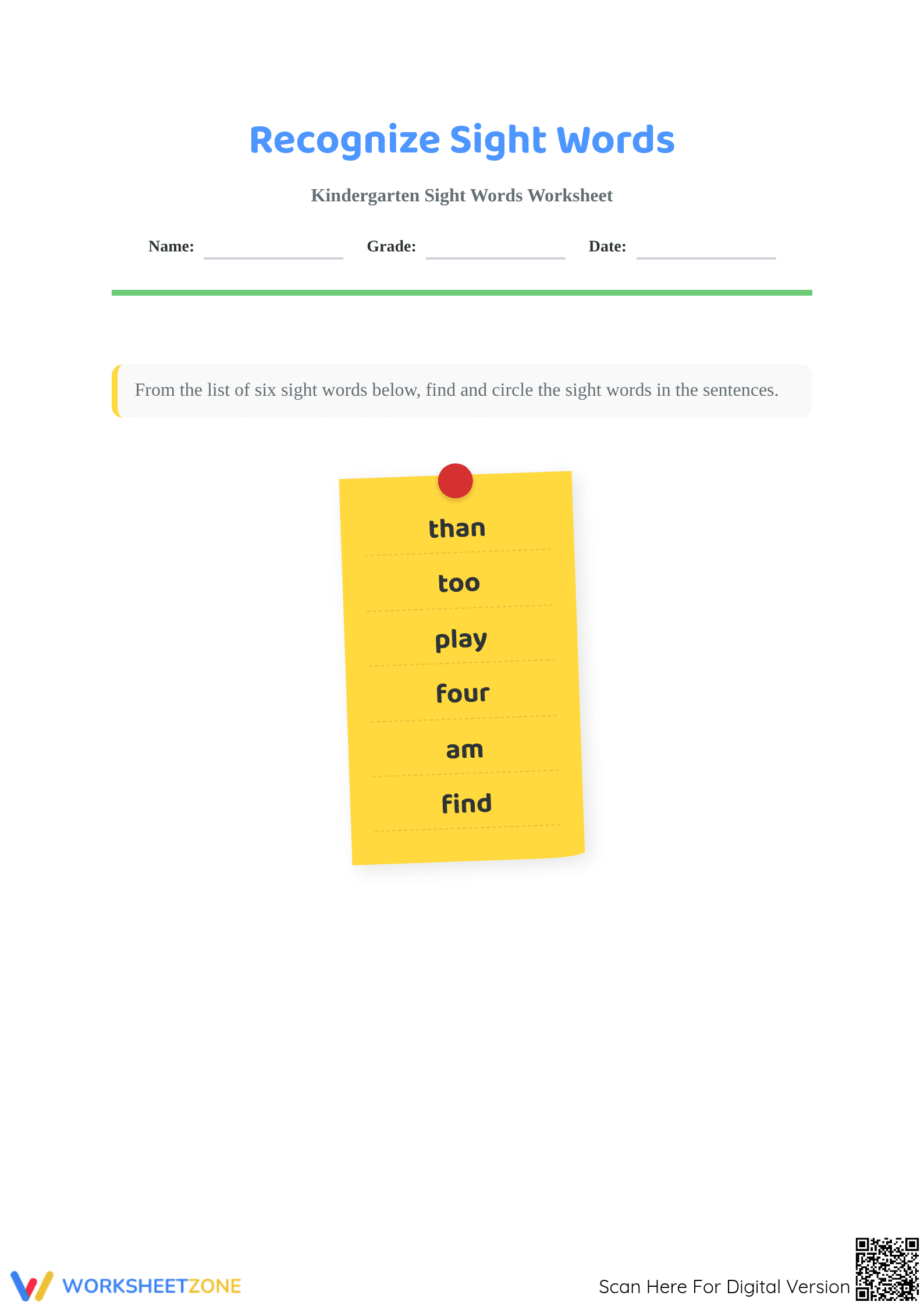 Kindergarten Sight Words Worksheet | Essential Printable - Page 1