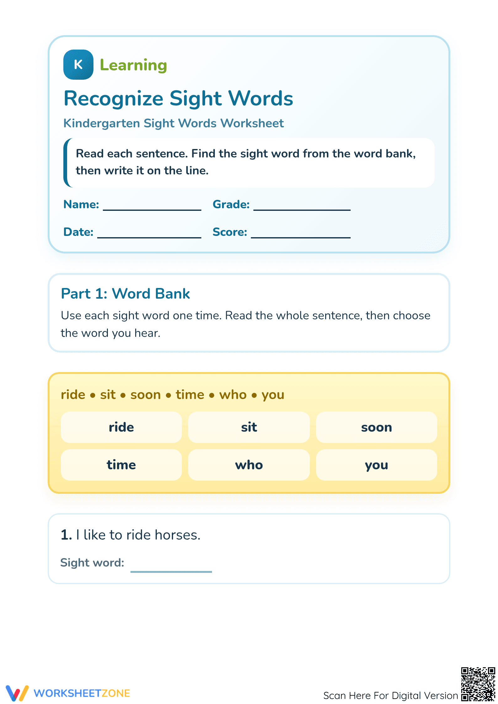 Kindergarten Sight Words — Printable No-Prep Worksheet - Page 1