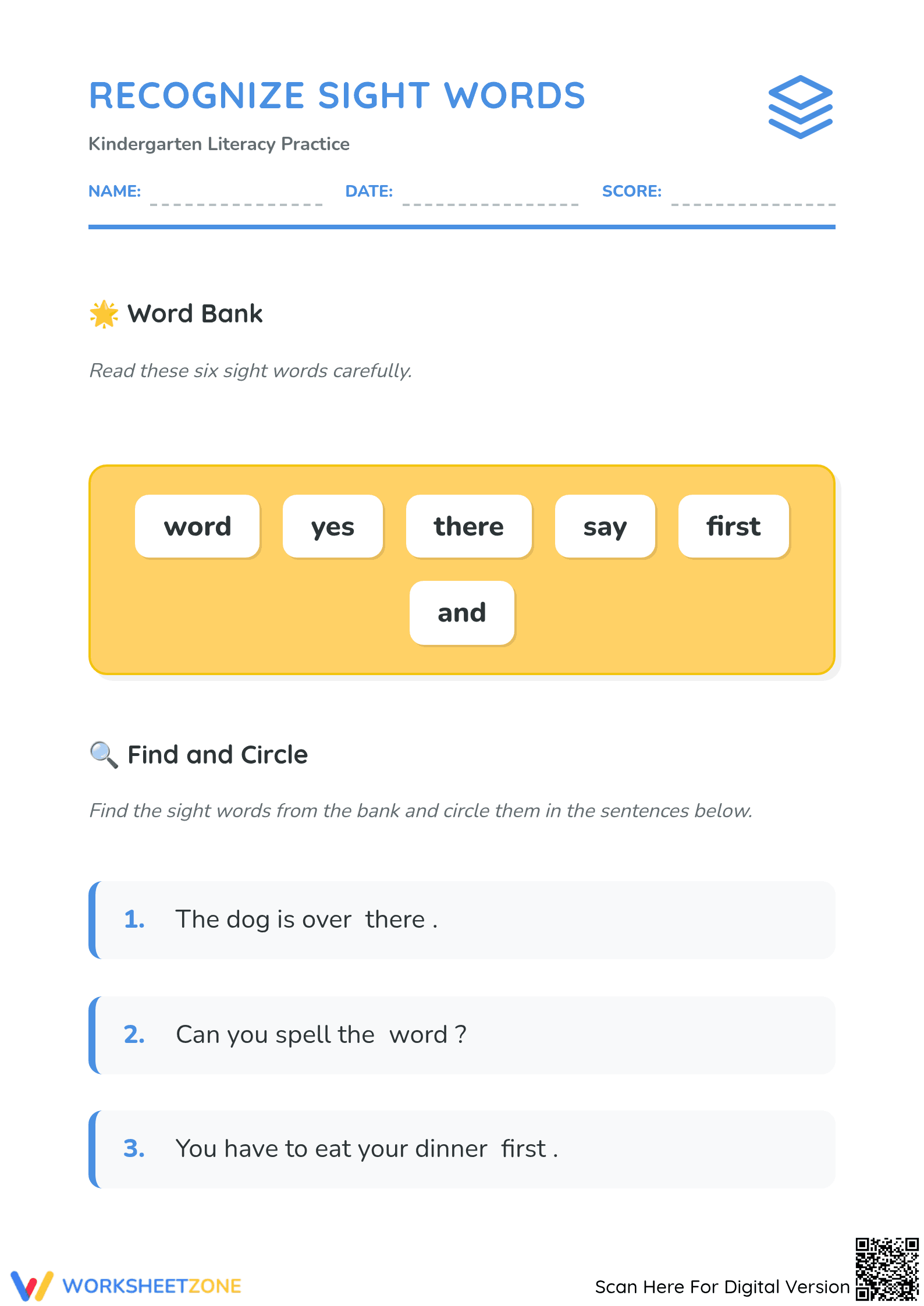 Grade K Sight Words — Printable No-Prep Worksheet - Page 1