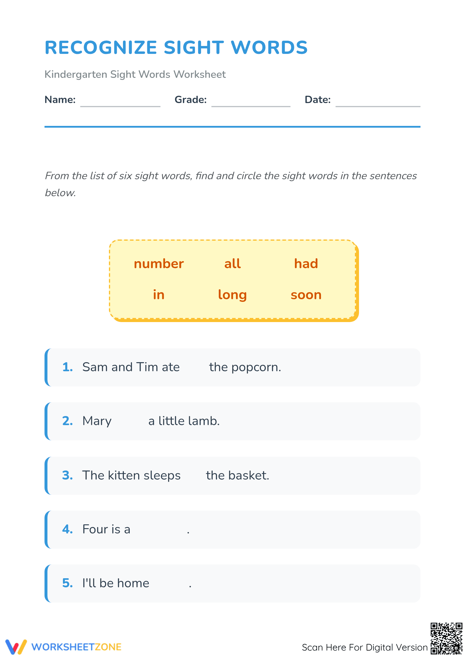Printable Sight Word Recognition Worksheet | Kindergarten - Page 1