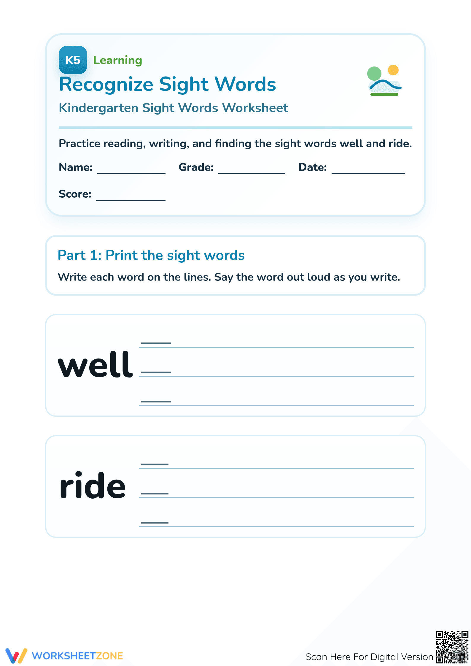 Printable Sight Words Worksheet: Well and Ride | Grade K - Page 1