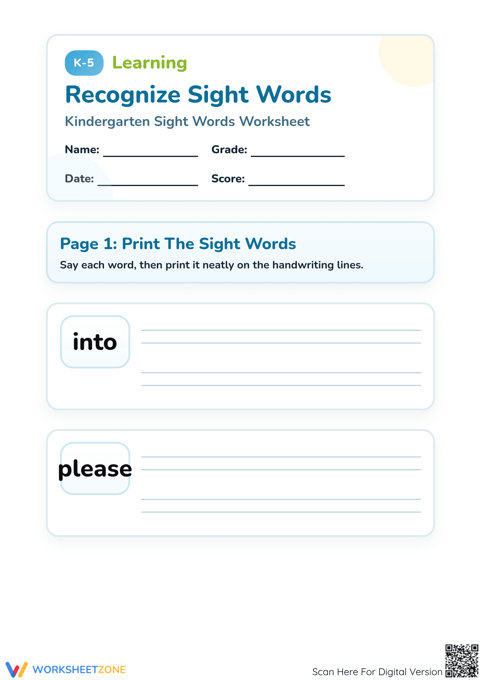Kindergarten Sight Words — Printable No-Prep Worksheet - Page 1