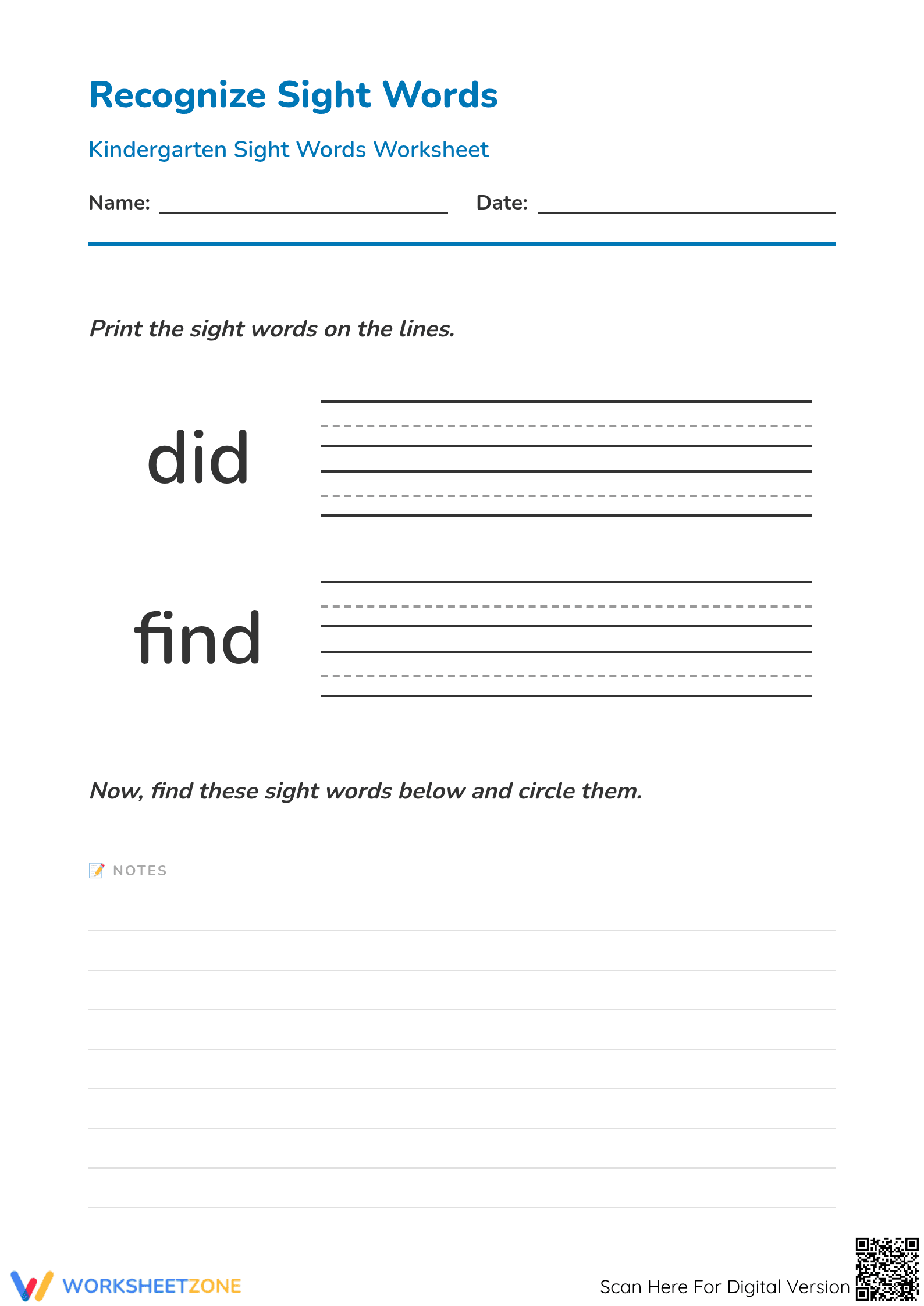Printable Sight Words Worksheet | Grade K ELA - Page 1