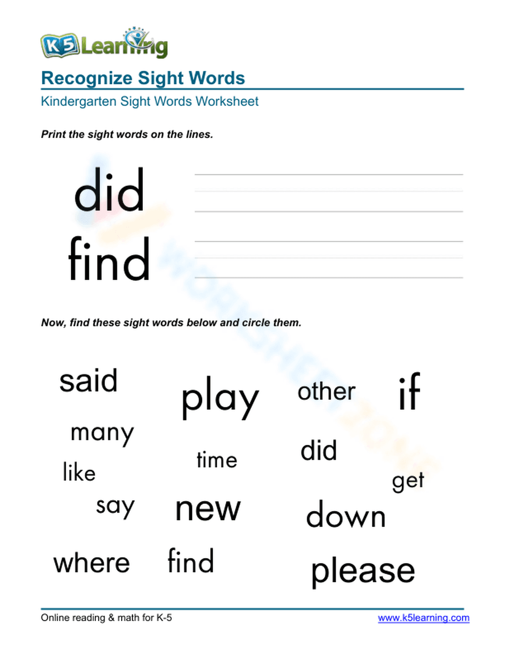 Recognize Sight Words - Print and find 4 - Page 1