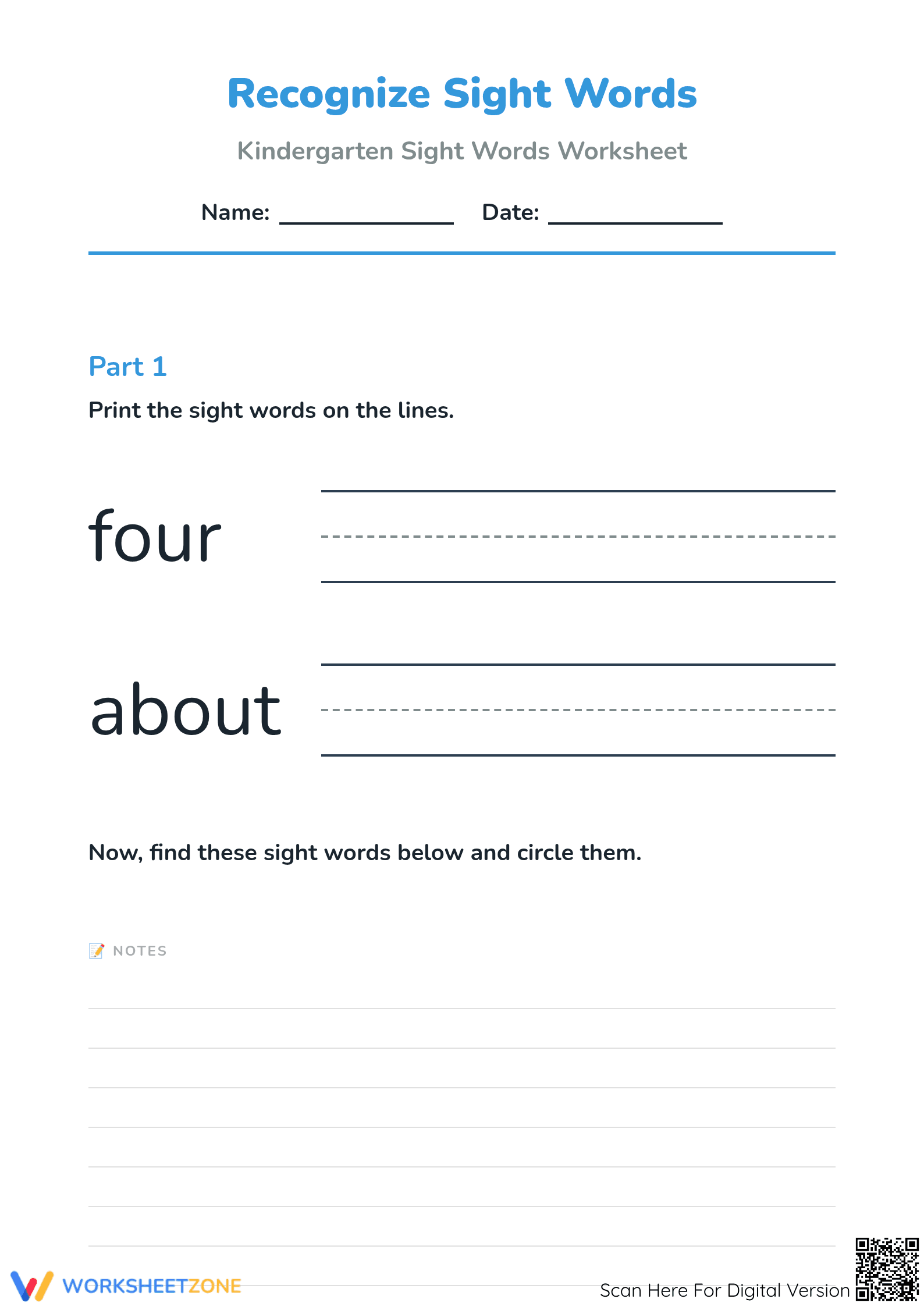 Kindergarten Sight Words Worksheet | Printable Ready - Page 1