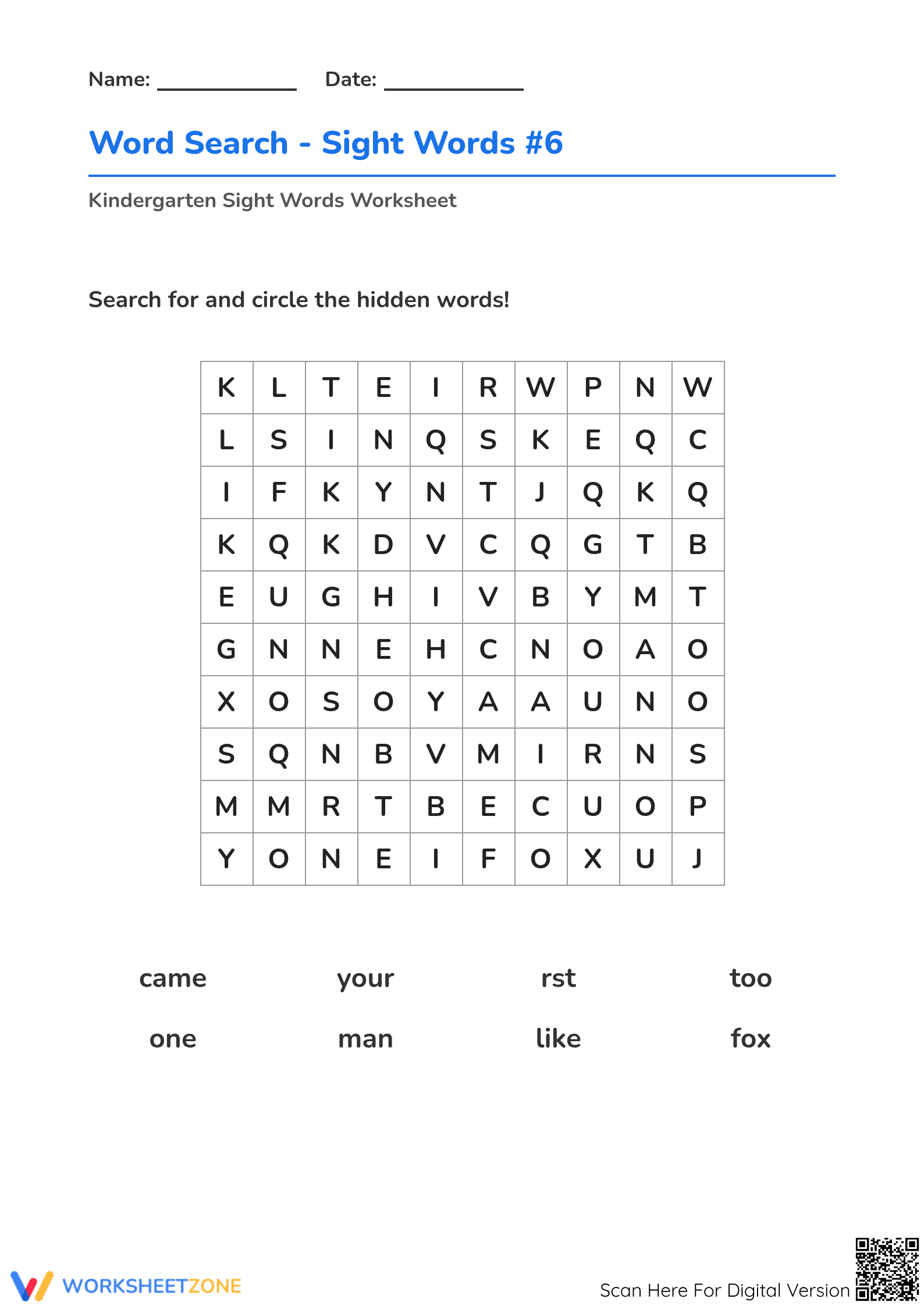Kindergarten Sight Words Word Search — Printable Worksheet - Page 1