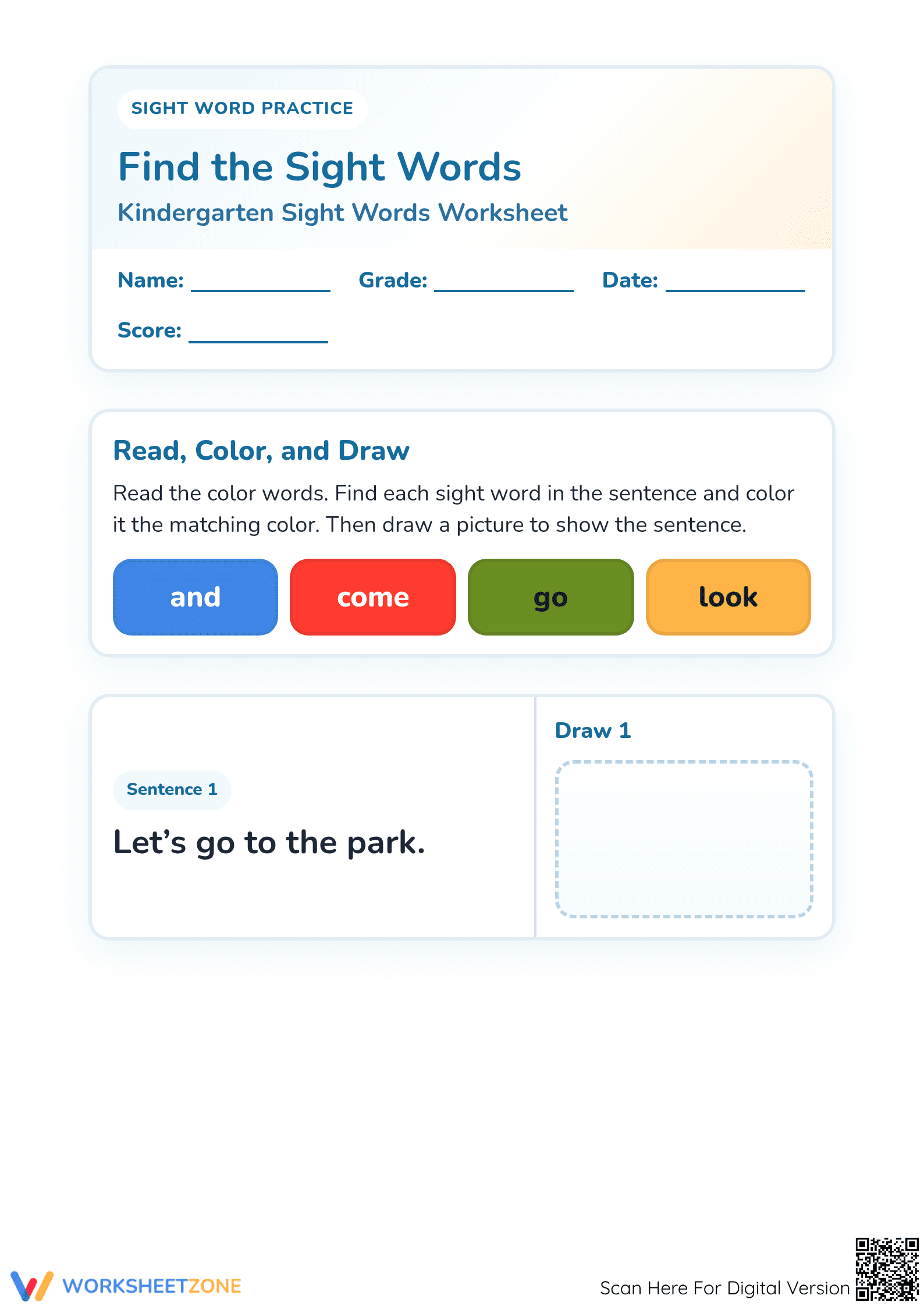 Kindergarten Sight Words — Printable No-Prep Worksheet - Page 1