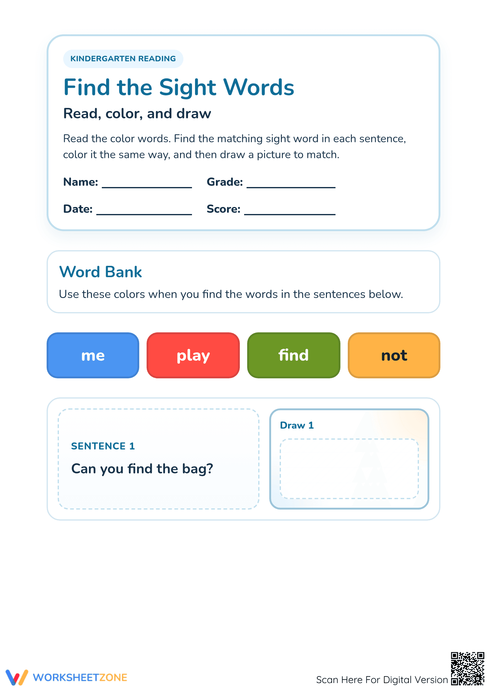 Printable Essential Kindergarten Sight Words Worksheet - Page 1