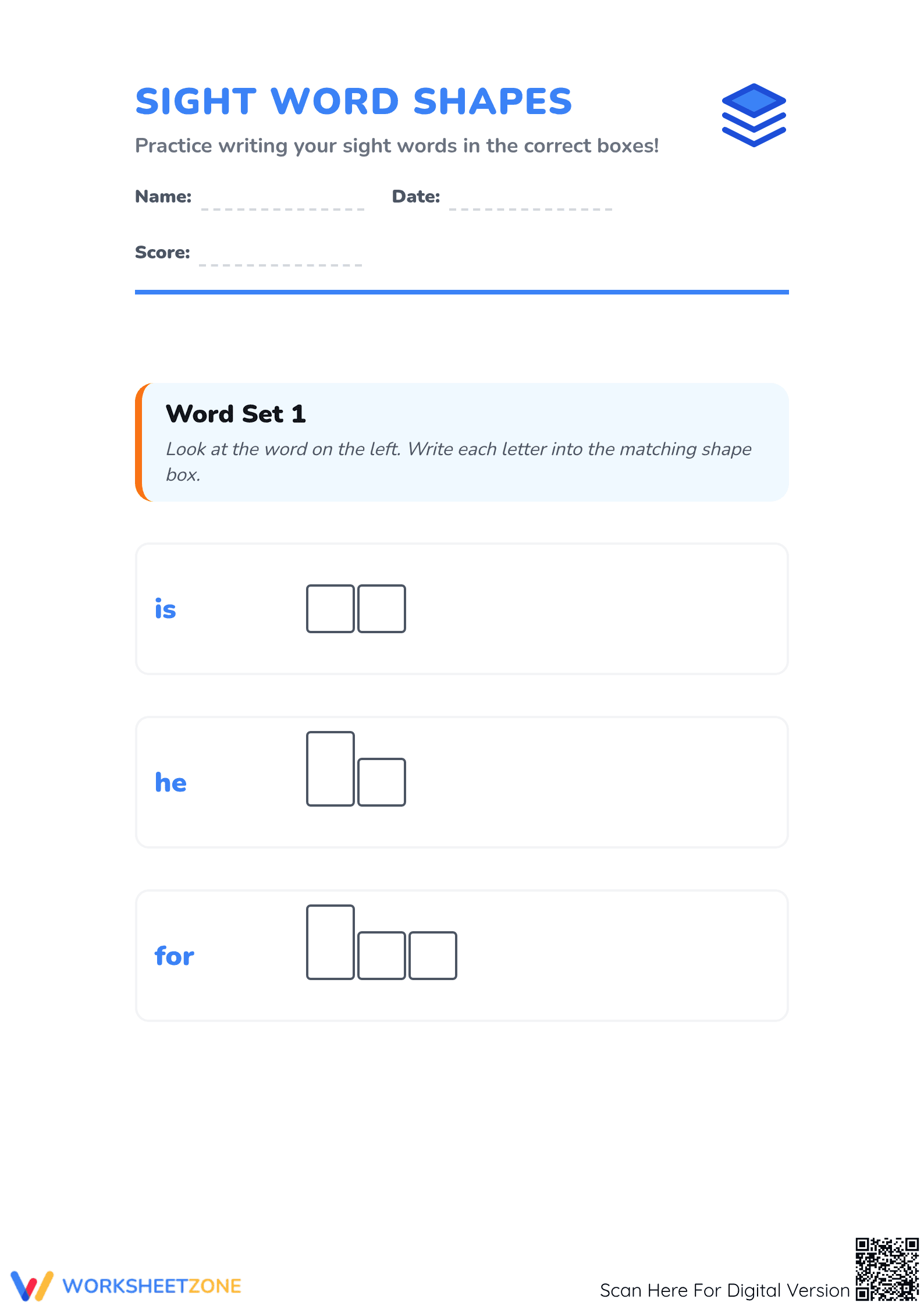 Printable Word Shapes 2 Worksheet | Grade K Sight Words - Page 1