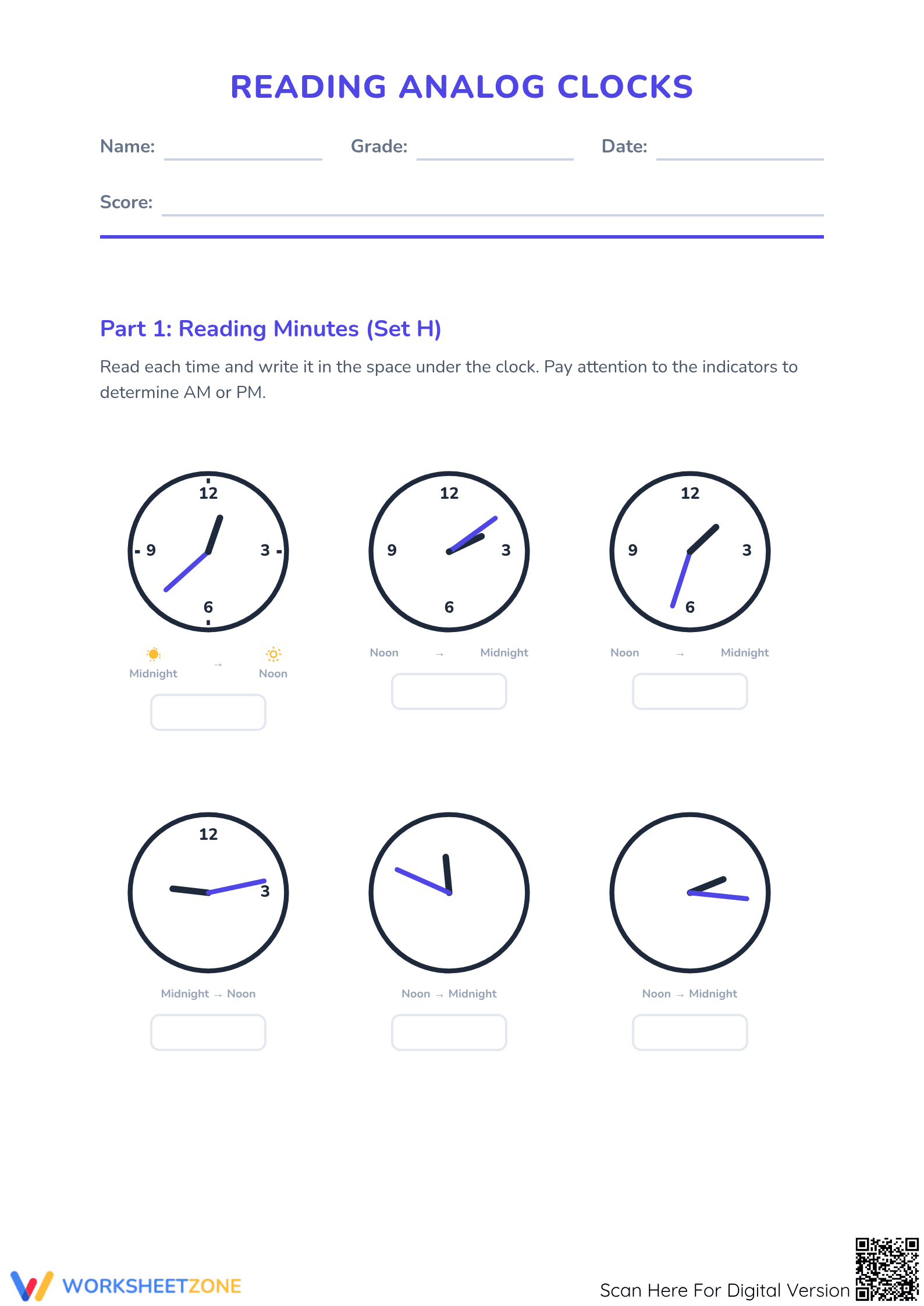 Printable Telling Time Worksheet | 1-Minute Analog Clocks - Page 1