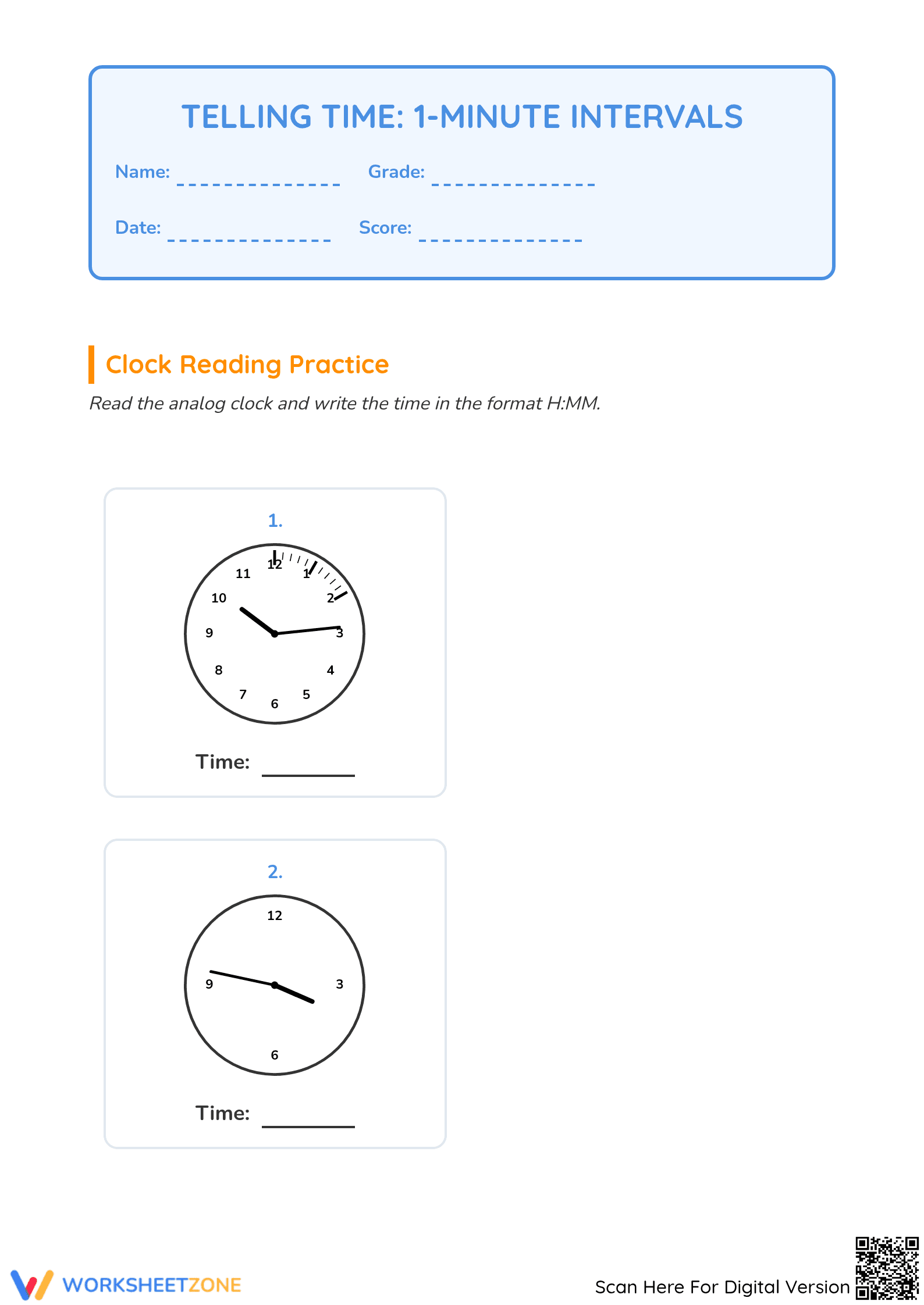 Grade 3 Telling Time — Printable No-Prep Worksheet - Page 1