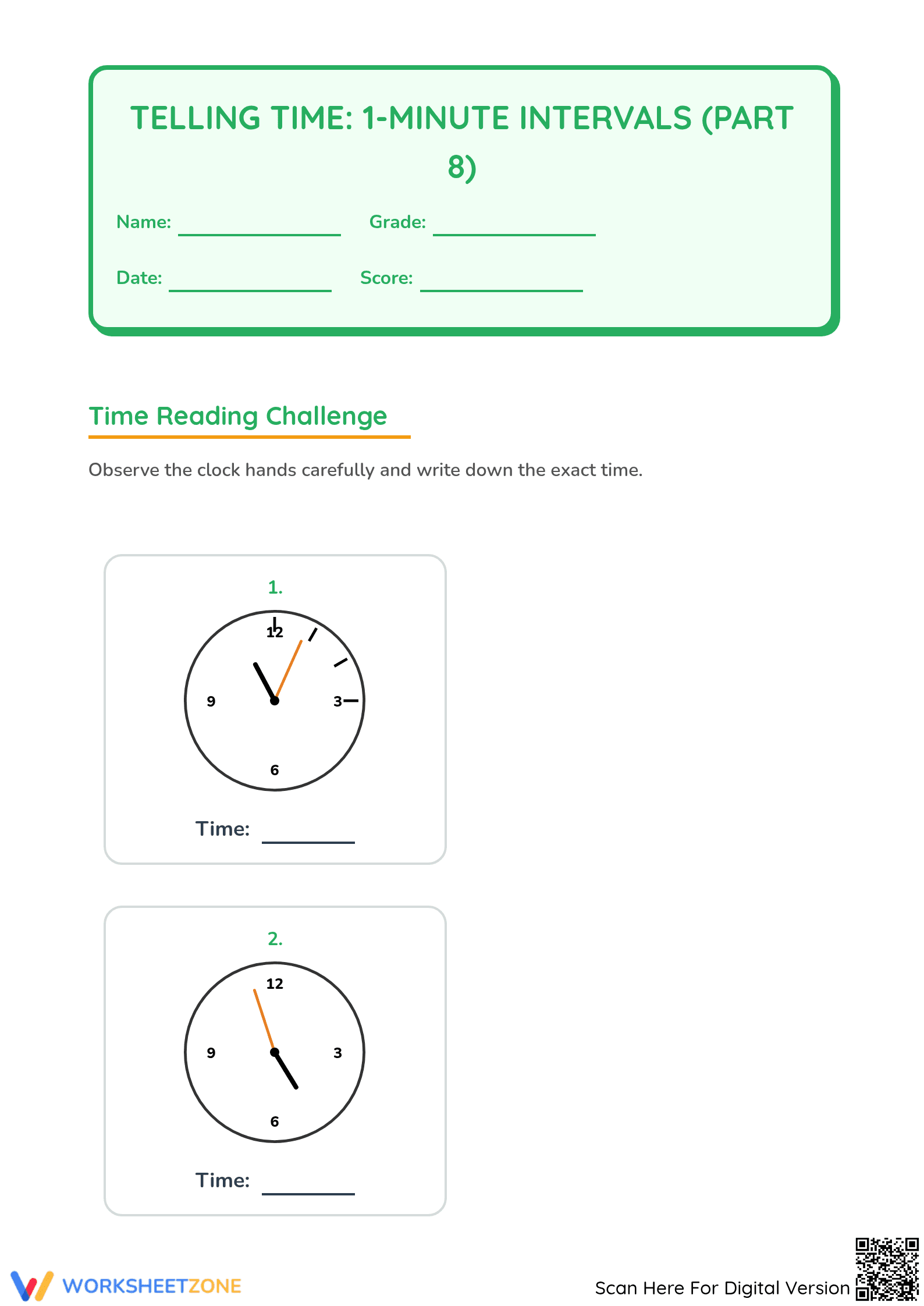 Printable Telling Time Worksheet: 1-Minute Intervals - Page 1