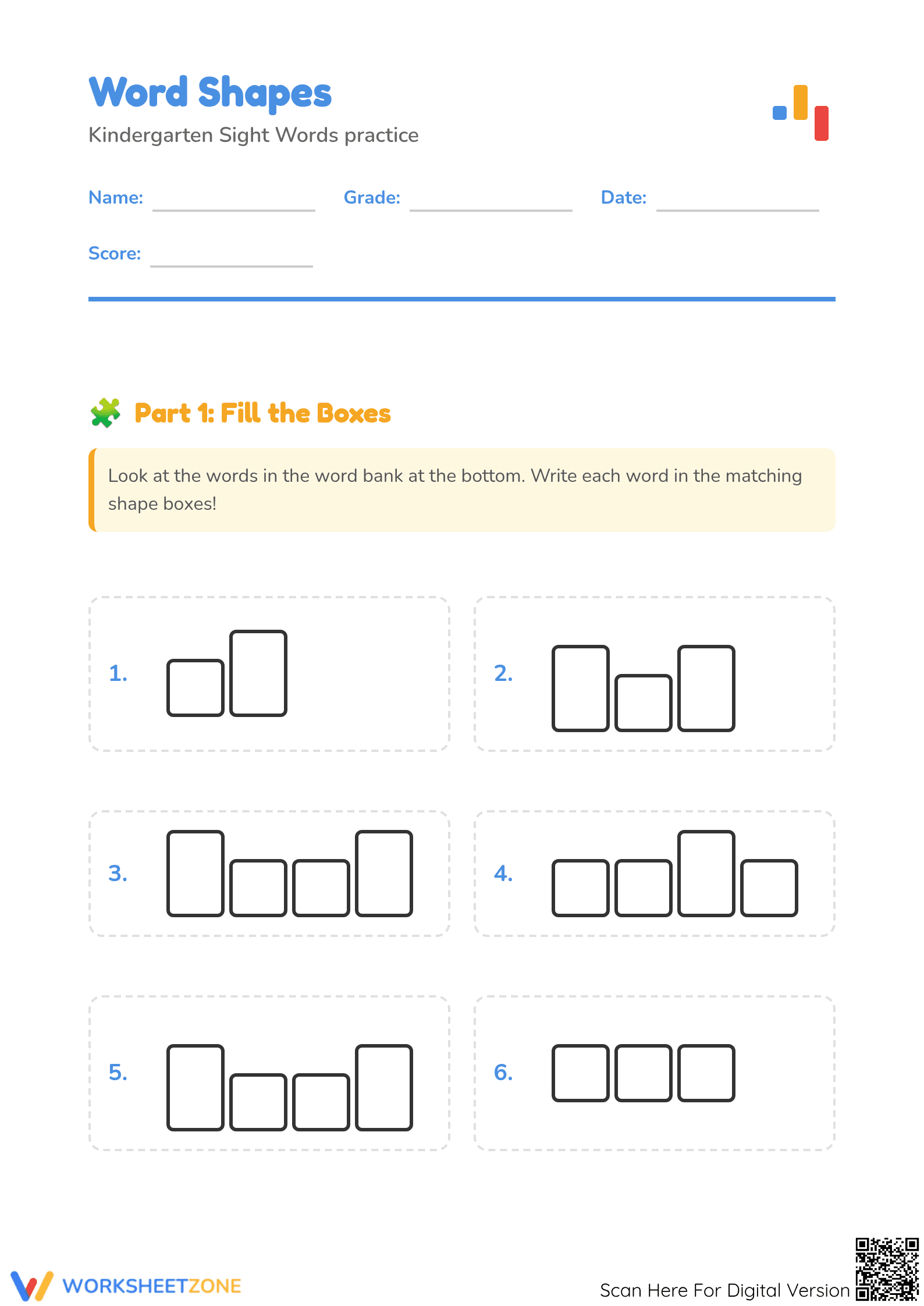 Printable Word Shapes 6 Worksheet | Kindergarten ELA Ready - Page 1