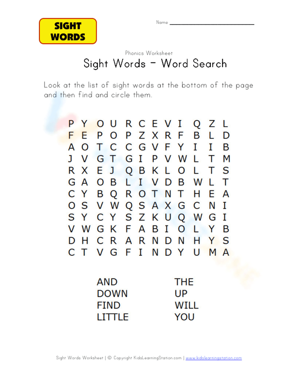 Sight Words Word Search | Grade K-1 Essential Worksheet - Page 1