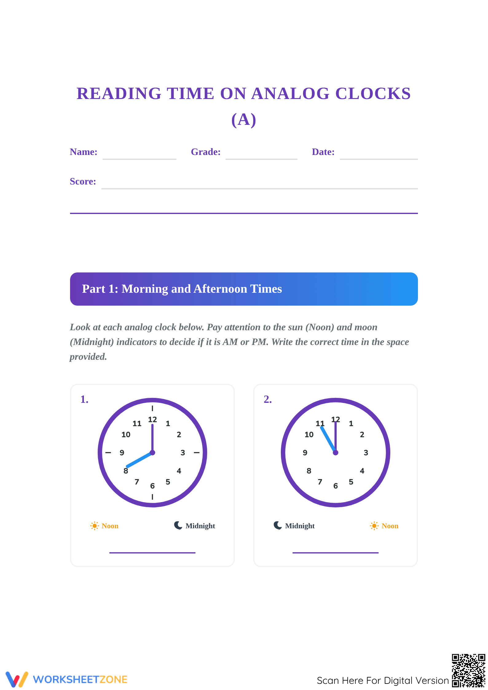 Printable Reading Analog Clocks Worksheet | Grade 2-4 Math - Page 1