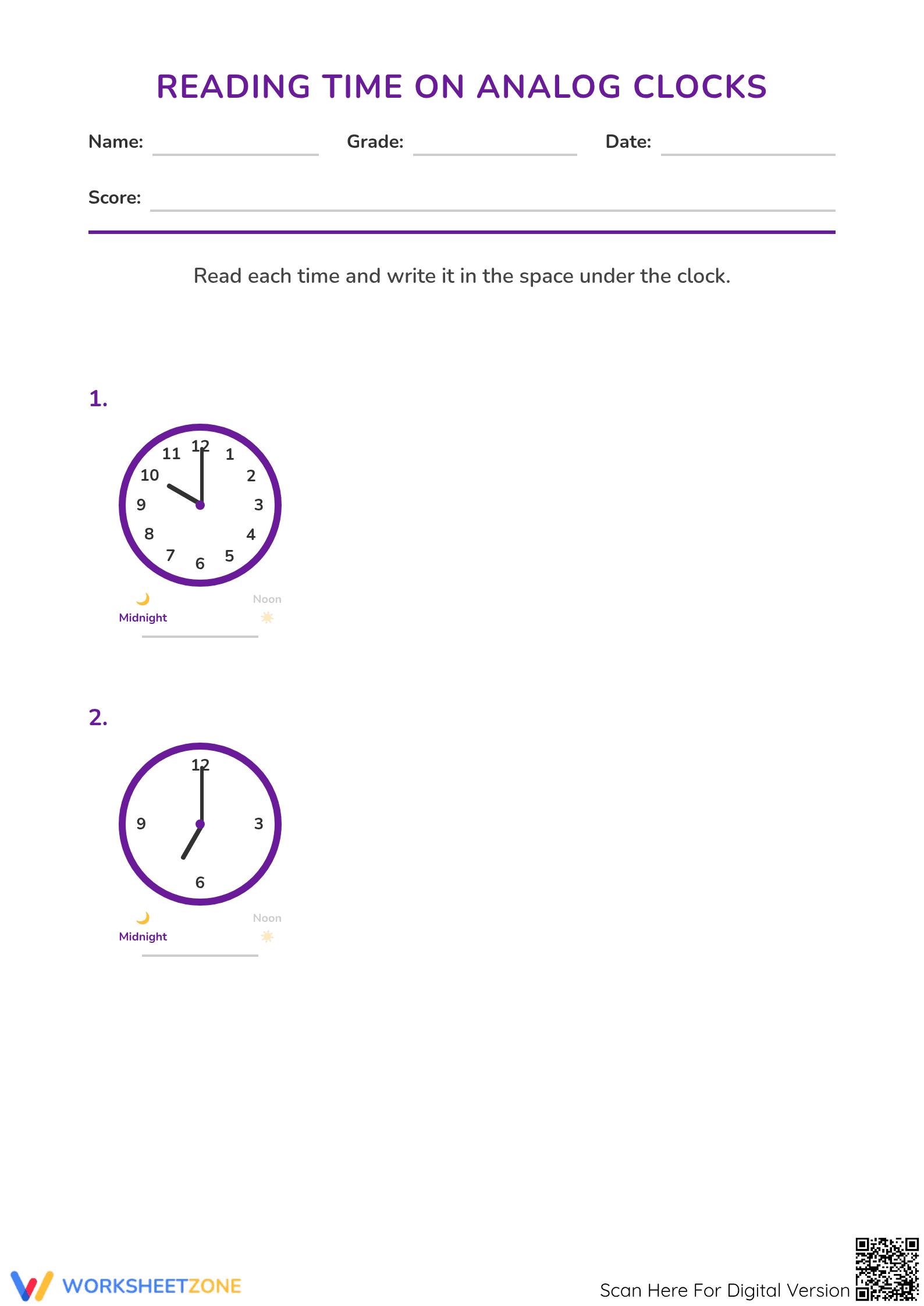 Printable Telling Time Worksheet: 1-Hour Intervals Grade 2-4 - Page 1