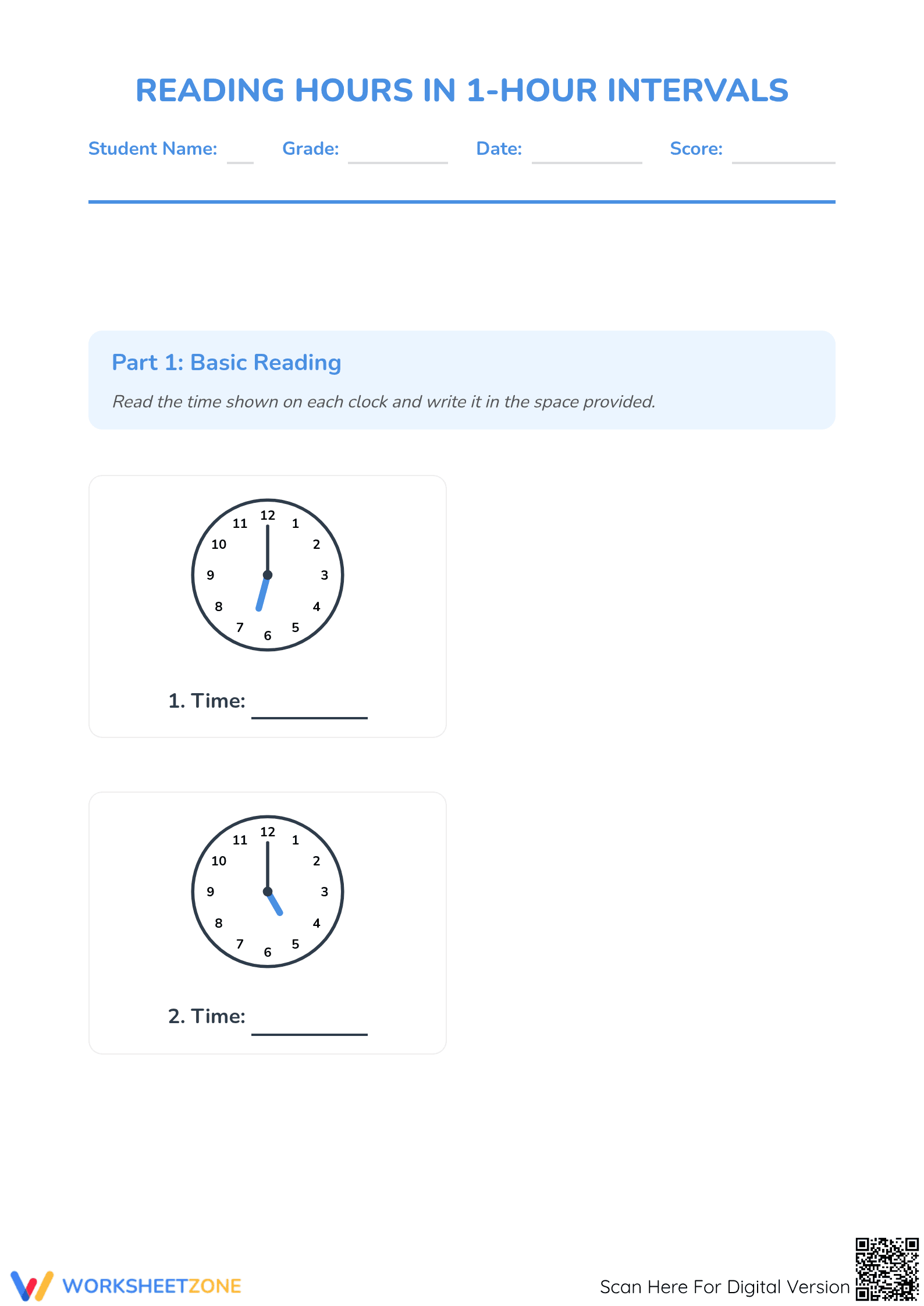 Reading Time to the Hour Worksheet | Essential Grade 2 Math - Page 1