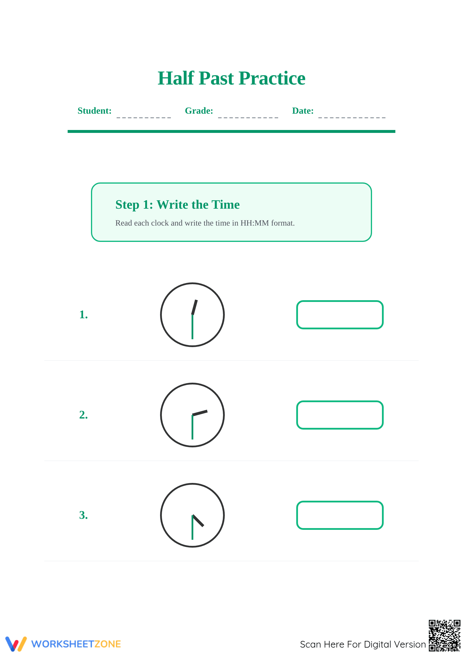 Printable Telling Time to the Half-Hour | Grade 2 Math - Page 1