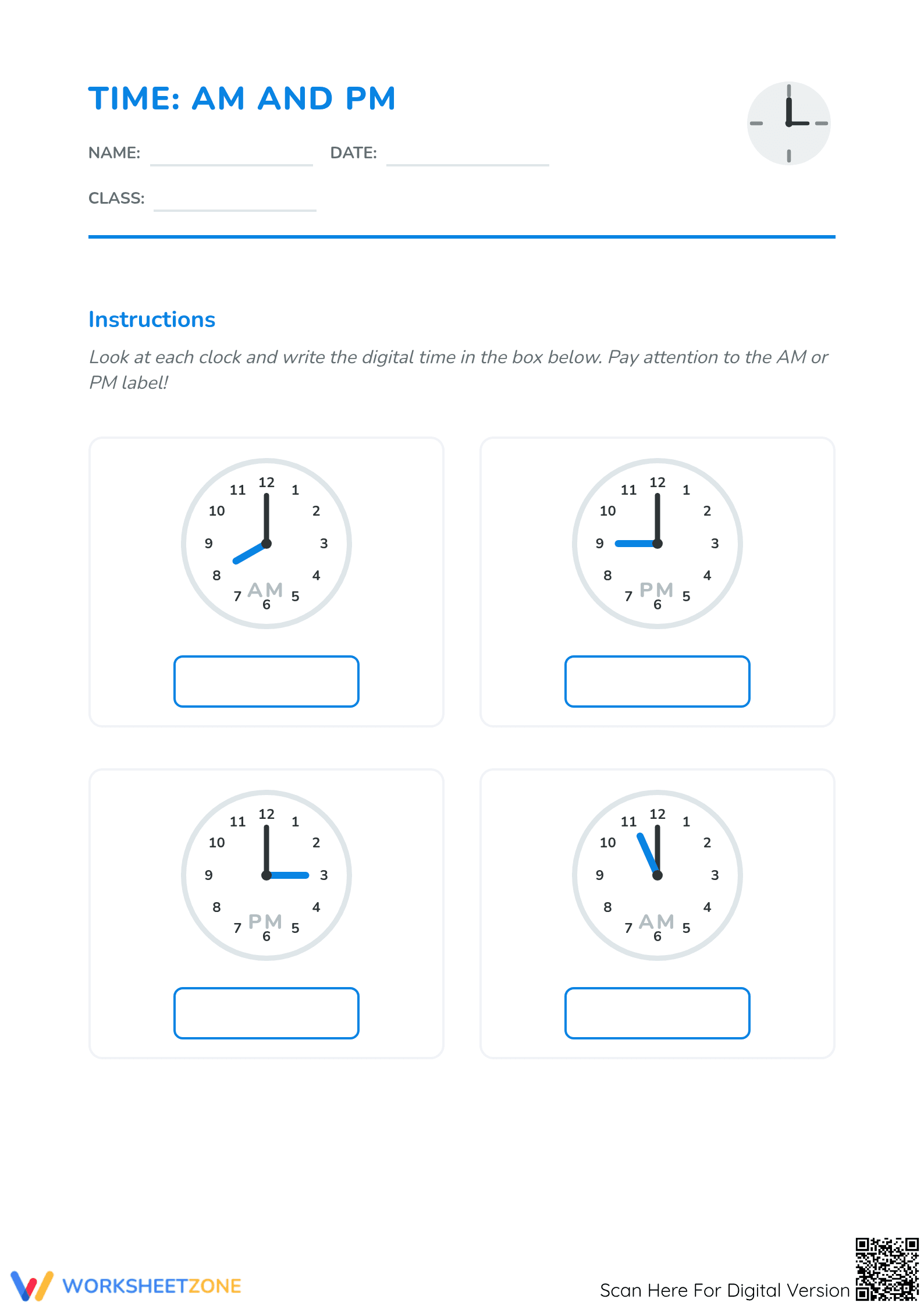 Printable Telling Time Worksheet | Grade 2-4 Math - Page 1