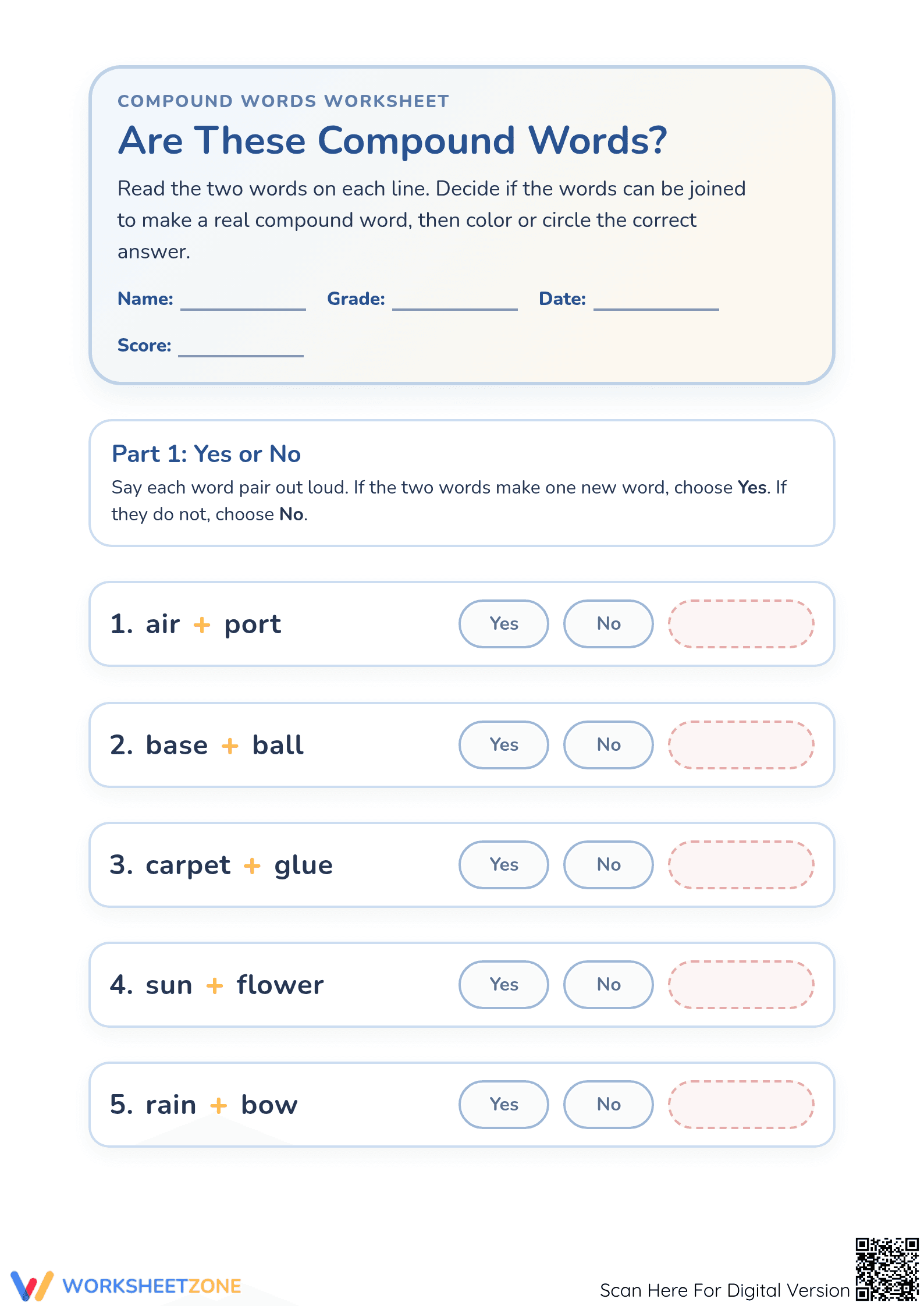 Grade 1 Compound Words — Printable No-Prep Worksheet - Page 1