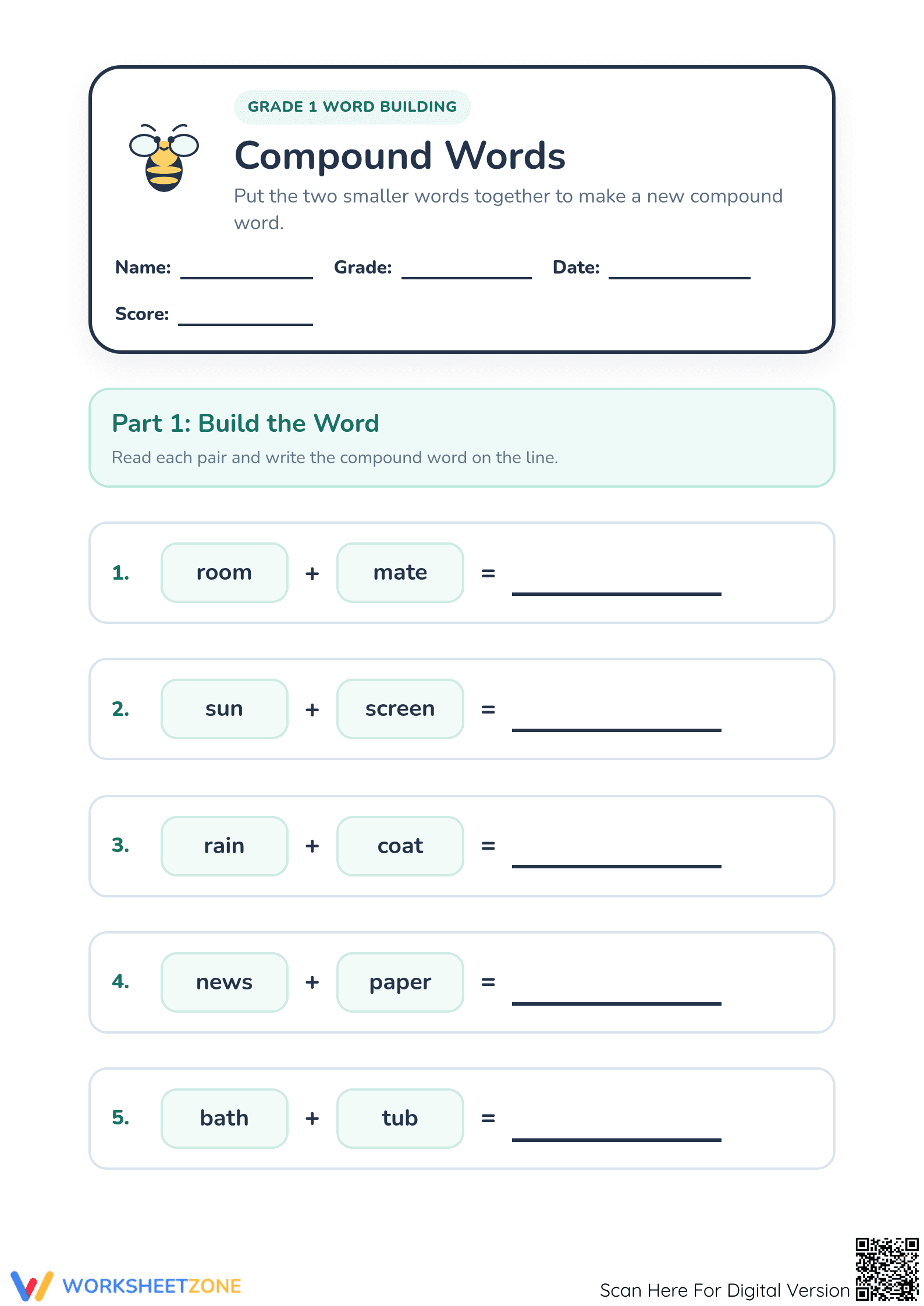 Printable Grade 1 Compound Words Worksheet | Ready to Use - Page 1