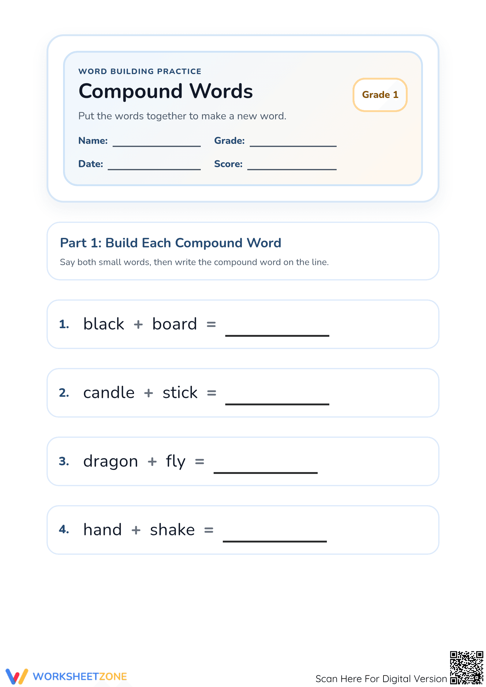 Compound Words Worksheet | Printable Grade 1 ELA Essential - Page 1