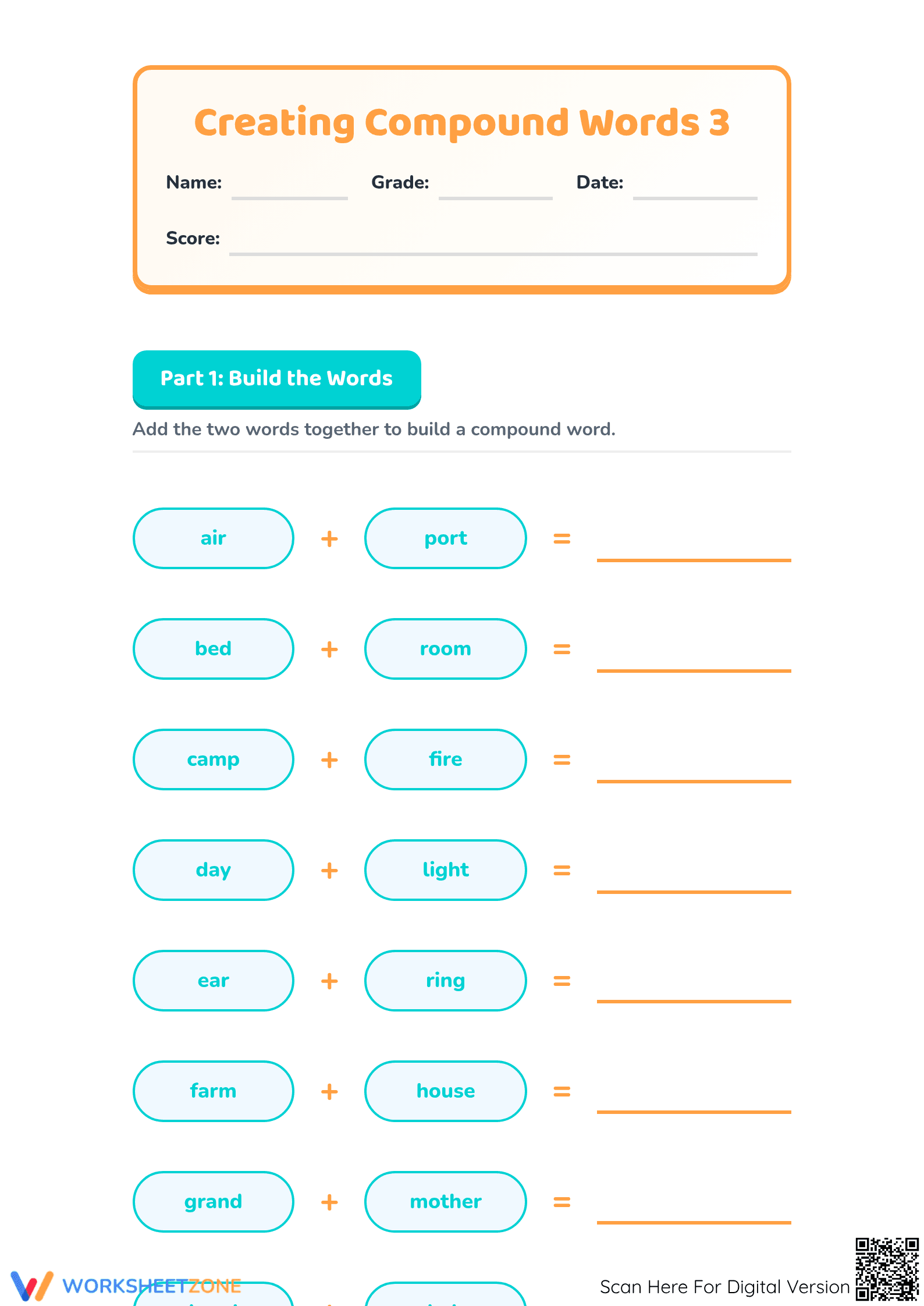 Printable Creating Compound Words Worksheet | Grade 1 ELA - Page 1
