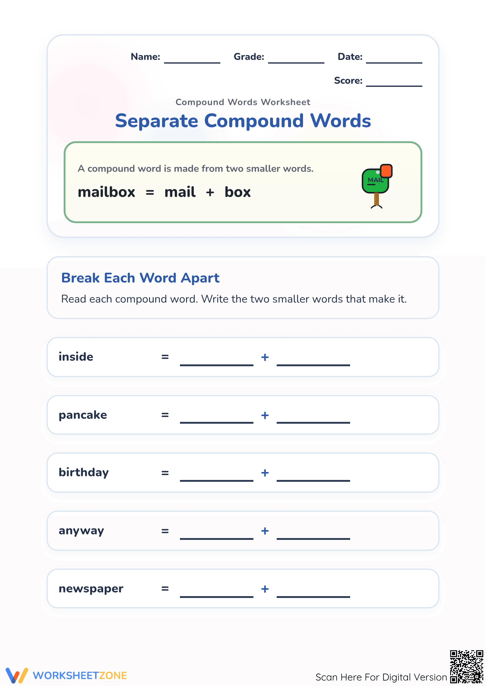 Printable Separate Compound Words Worksheet | Grade 1 ELA - Page 1