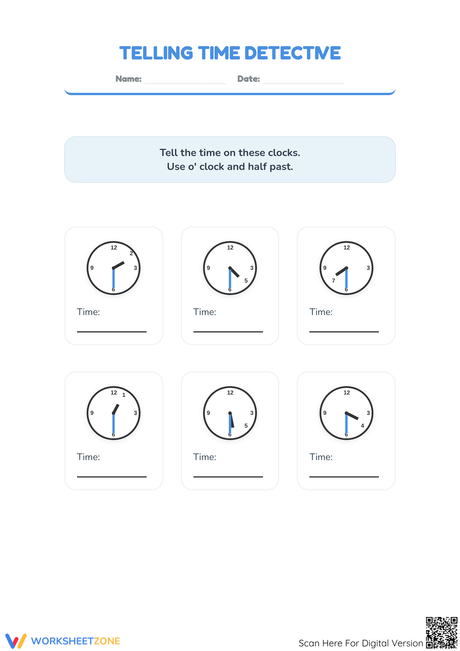 Printable Telling Time to the Half Hour — Grade 2 Math - Page 1