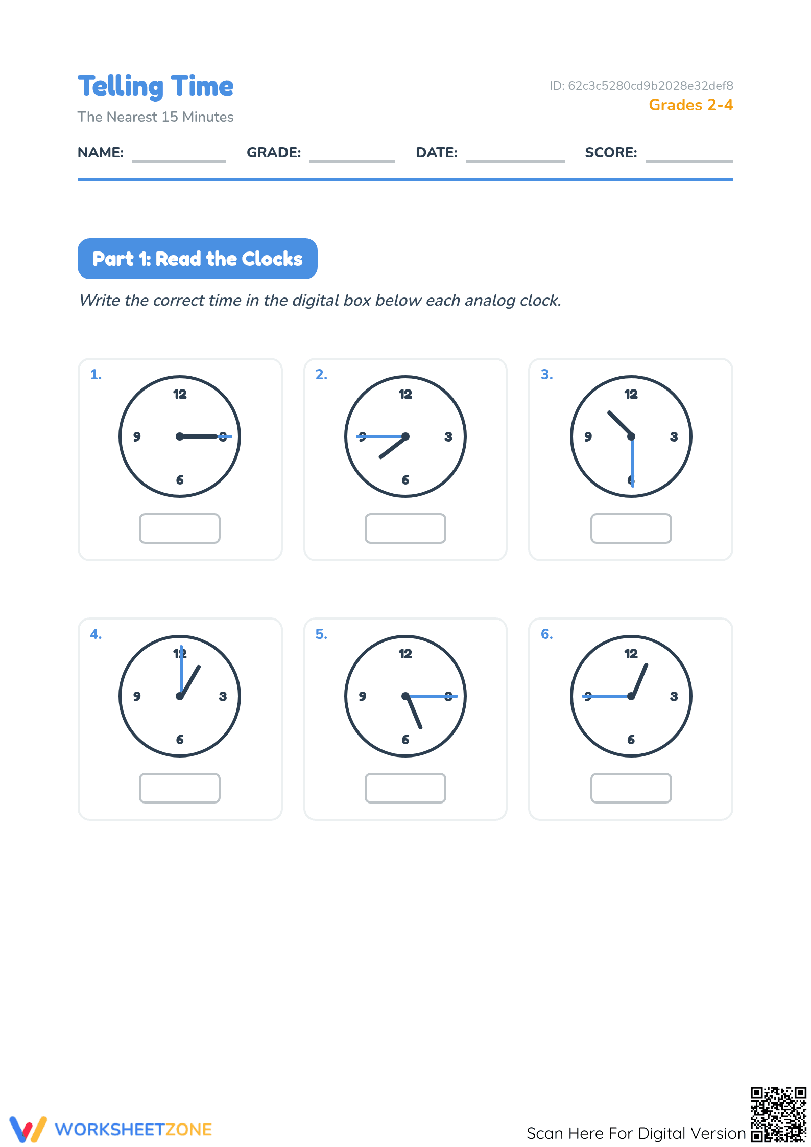 Printable Telling Time to 15 Minutes Worksheet | Grades 2-4 - Page 1