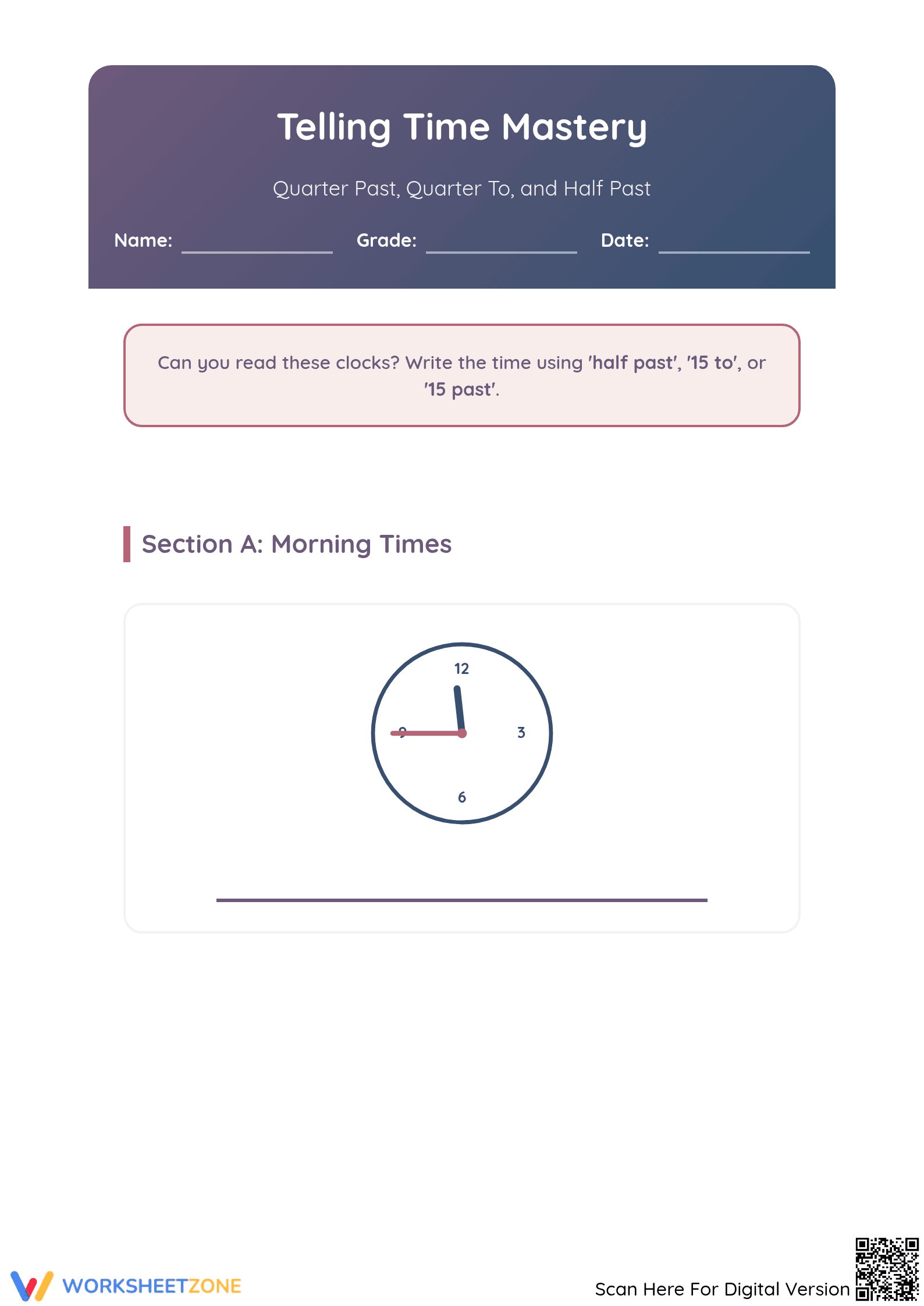 Printable Telling Time Worksheet | Grade 2-4 Math - Page 1