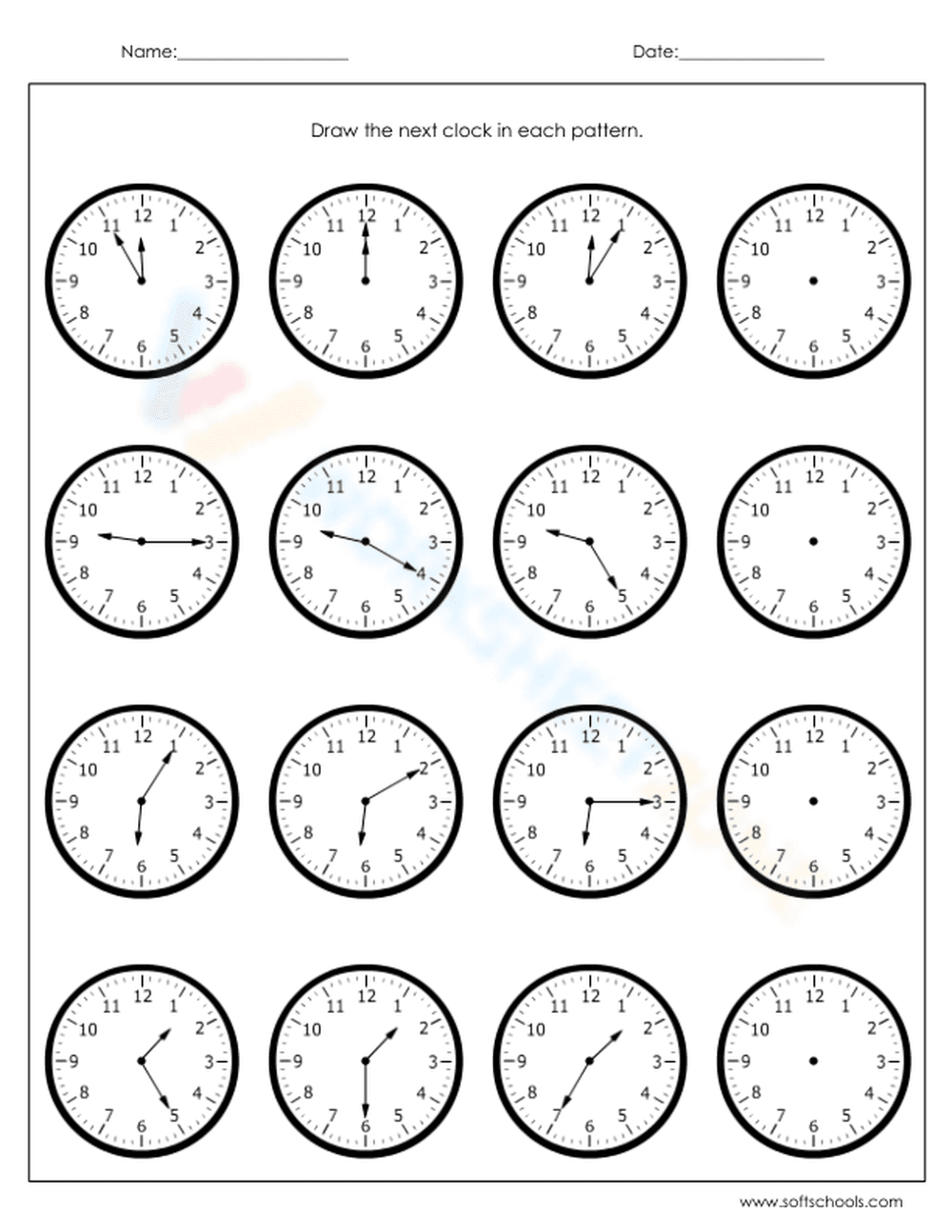 Drawing the Next Clock Time Worksheet - Page 1