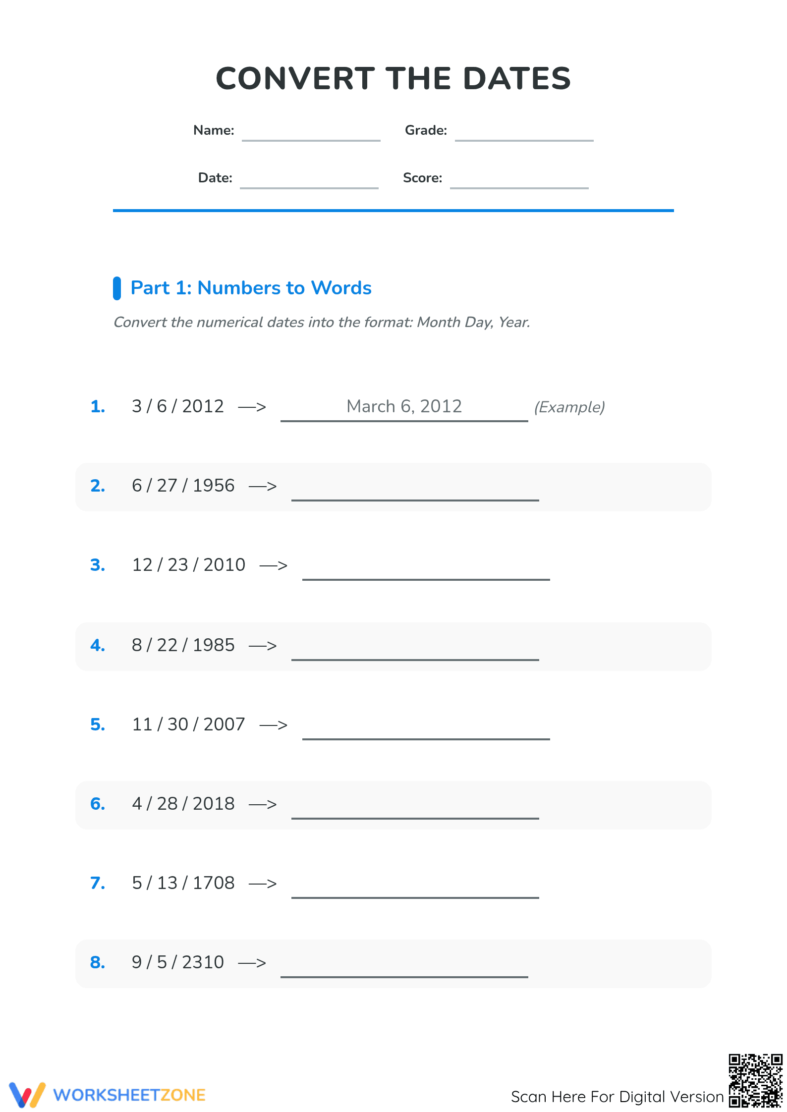 Printable Convert the Dates Worksheet | Grade 1 & 2 Math - Page 1