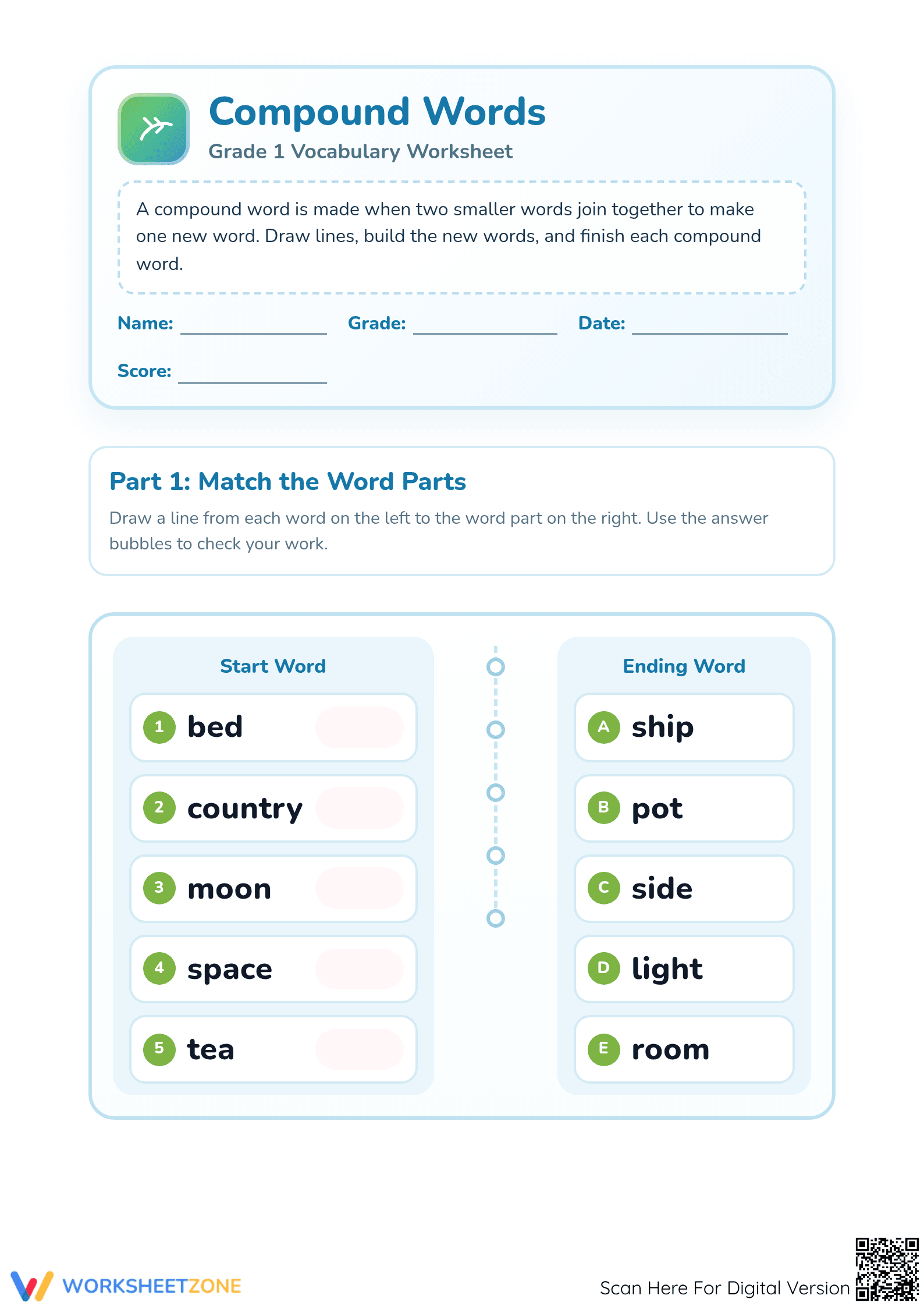 Grade 1 Compound Words — Printable No-Prep Worksheet - Page 1