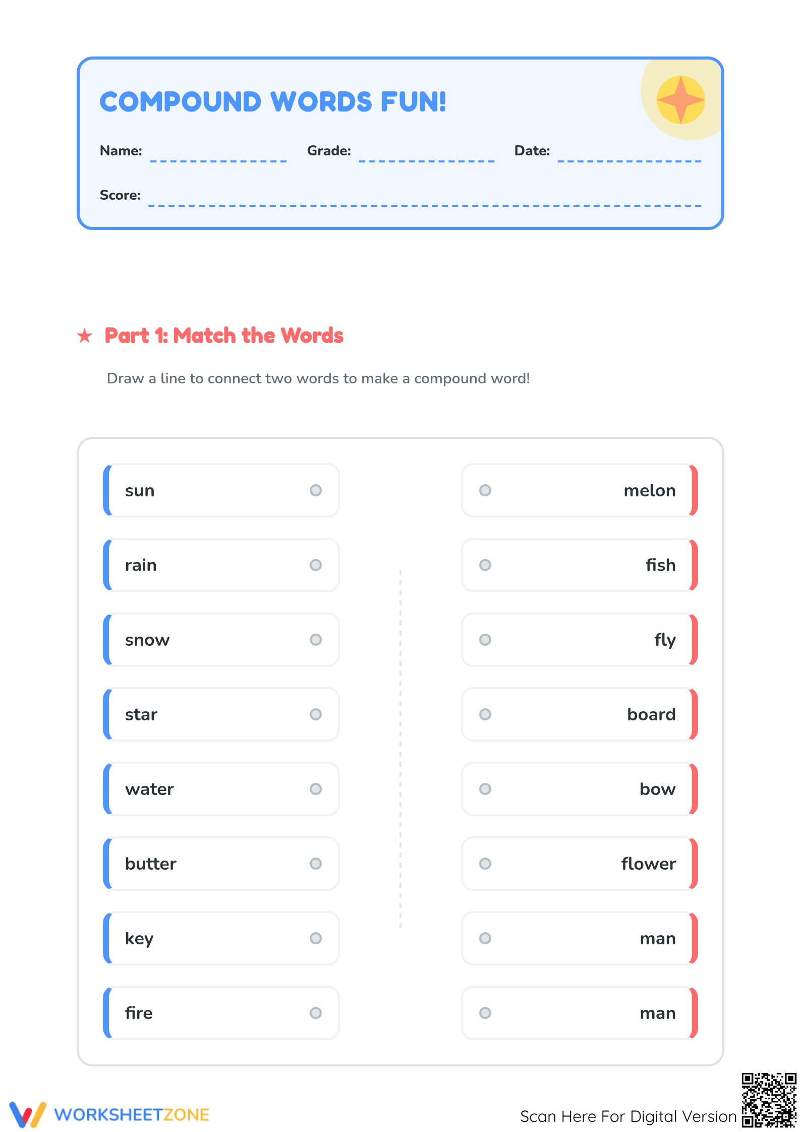 Essential Compound Words Matching Worksheet | Grade 1 ELA - Page 1
