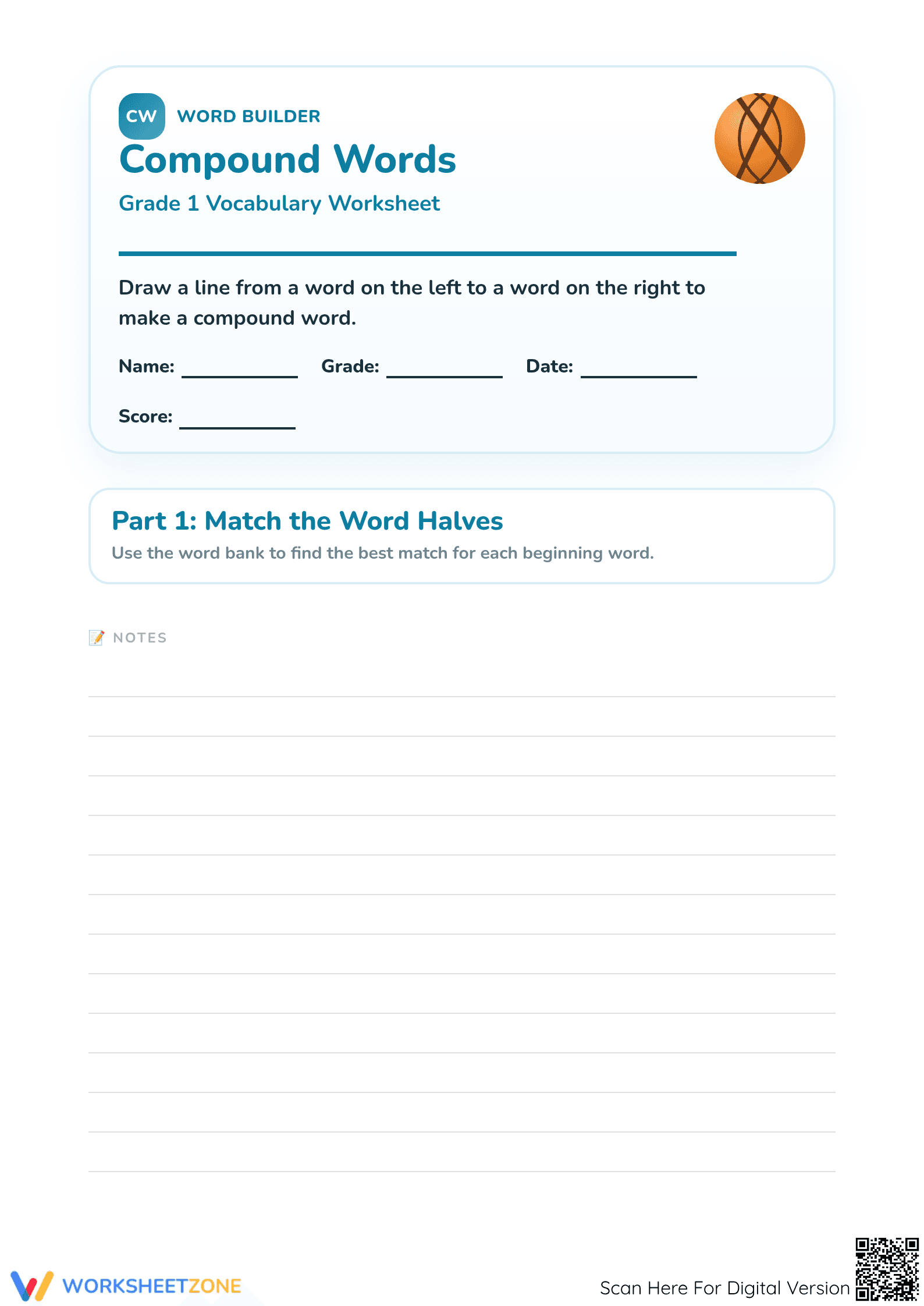 Grade 1 Compound Words — Printable Essential Worksheet - Page 1