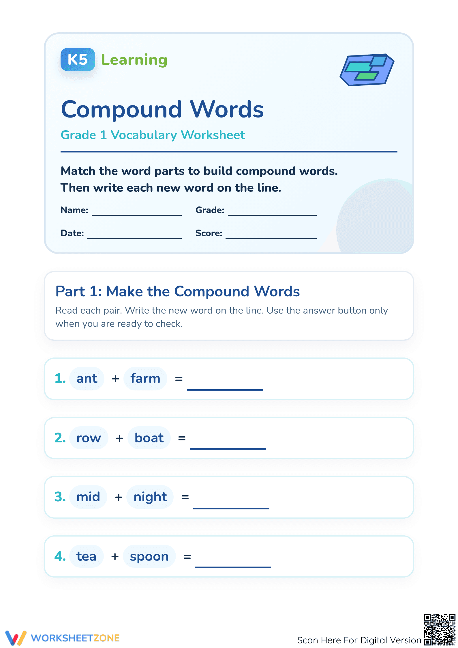 Essential Compound Words Worksheet | Grade 1 ELA Aligned - Page 1