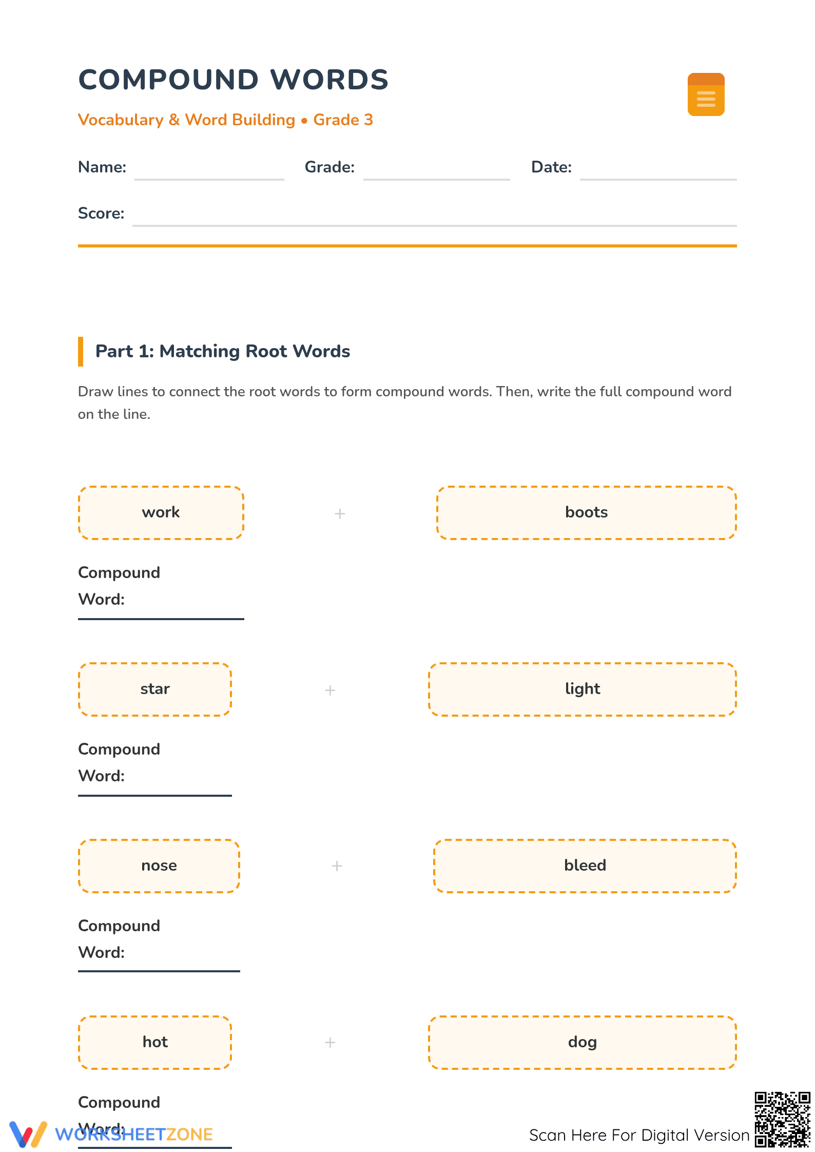 Printable Compound Words Matching Worksheet | Grade 3 ELA - Page 1