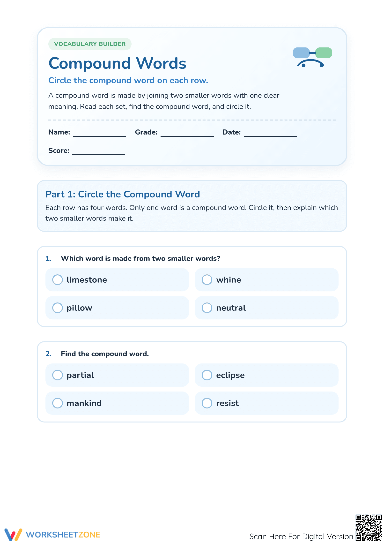 Compound Words Worksheet: Grade 1-4 — Printable No-Prep - Page 1