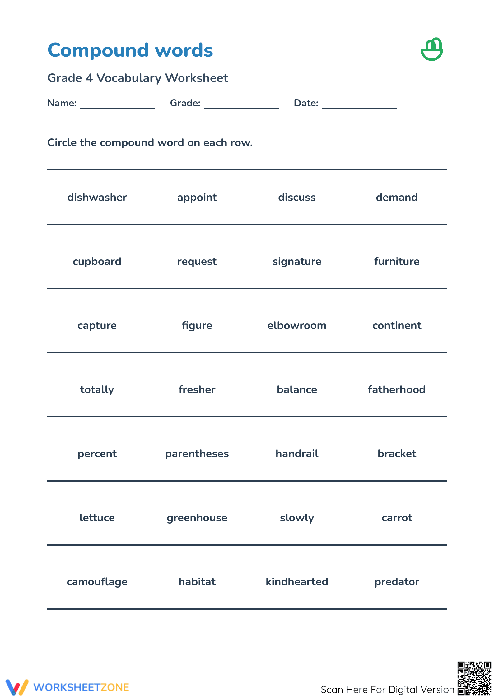 Printable Compound Words Worksheet | Grade 4 ELA - Page 1
