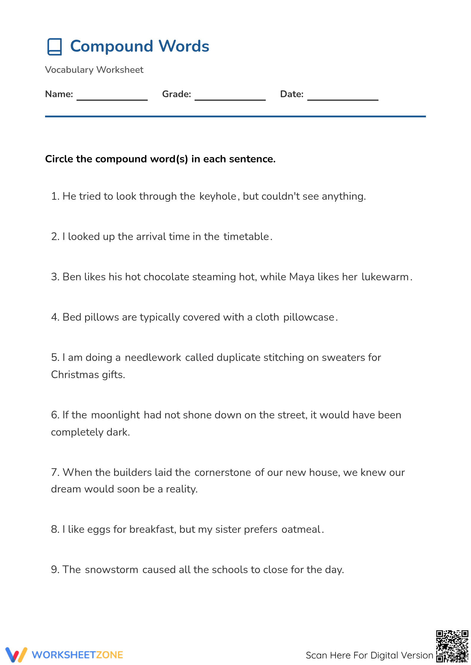Compound Words Printable Worksheet | Grade 2 ELA - Page 1