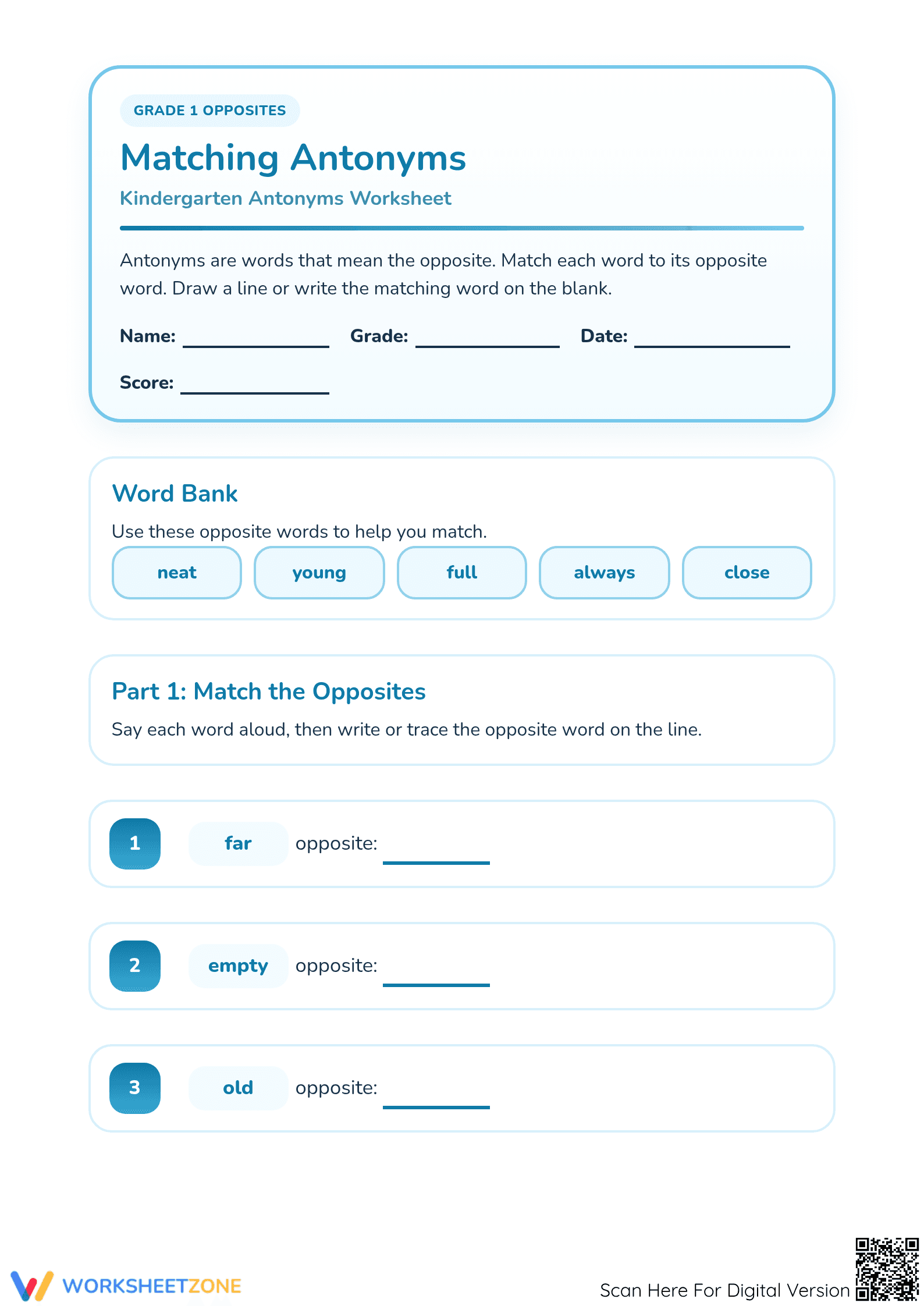 Printable Matching Antonyms Worksheet | Grade 1 ELA - Page 1